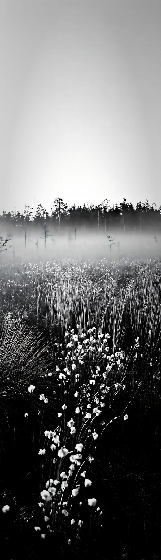 Cottongrass meadow in mist at dawn - AI-generated stock image