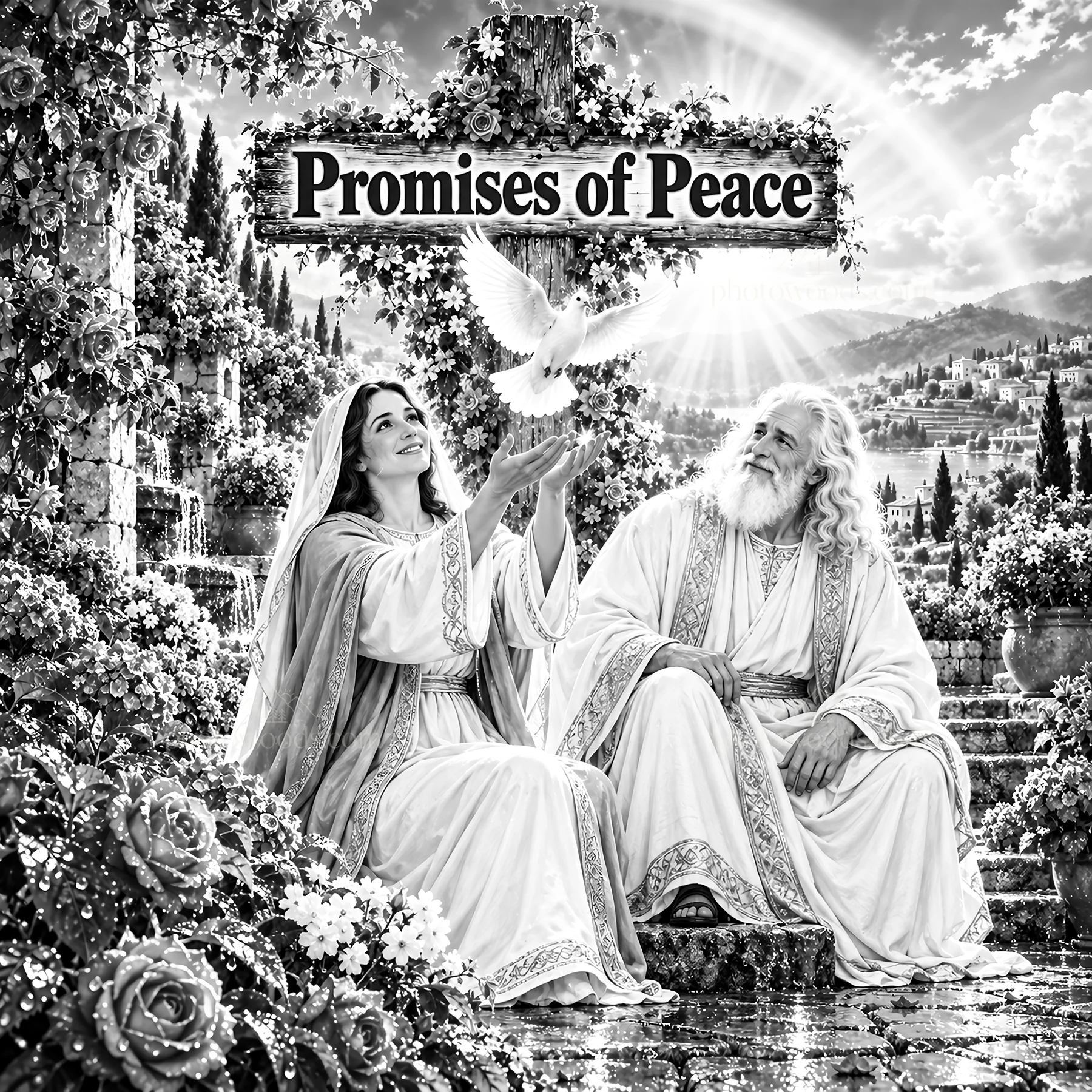 Jesus Christ shares blessings with a woman in a garden - AI-generated stock image