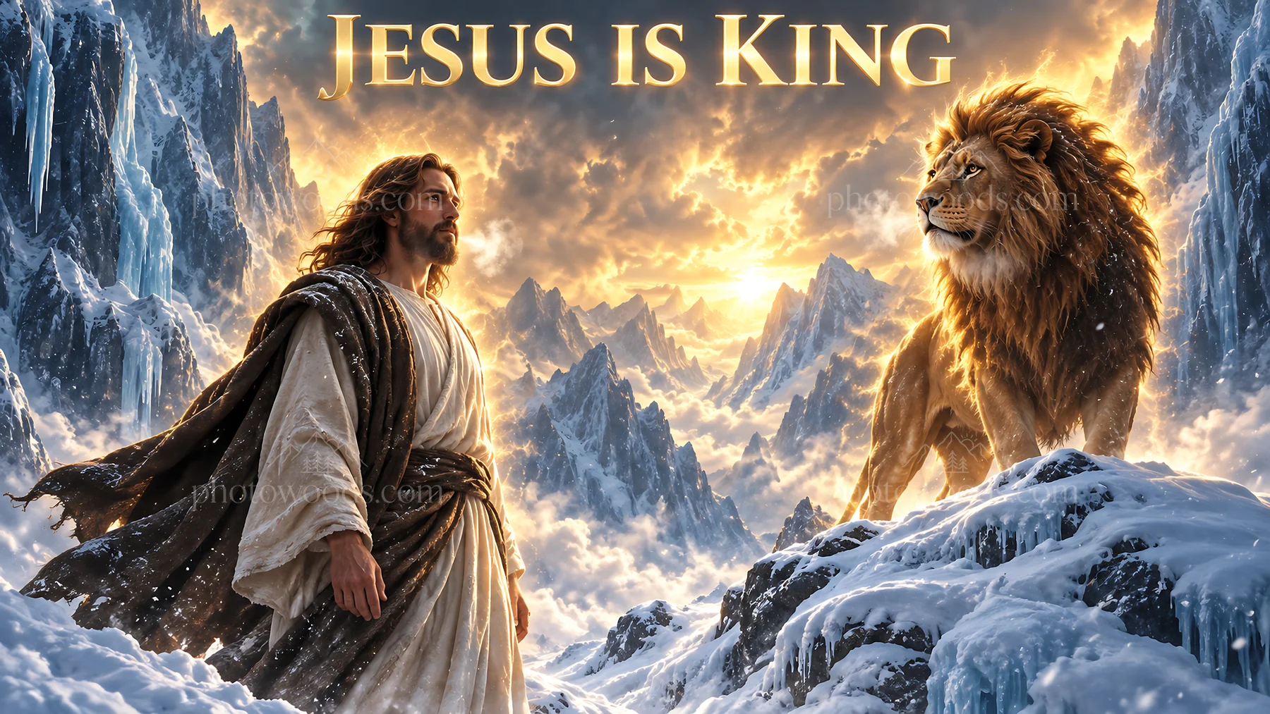 Jesus Christ stands with a lion in a majestic mountain scene - AI-generated stock image