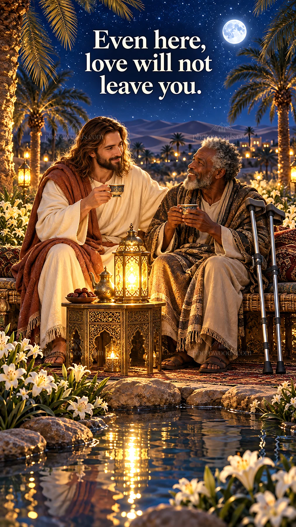 Jesus Christ sharing a meal with a man in a garden - AI-generated stock image