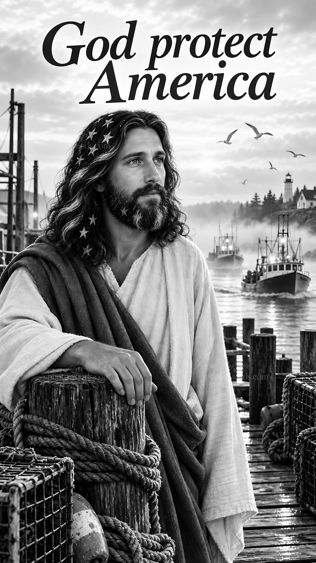 Jesus Christ standing by the harbor with boats in the background - AI-generated stock image