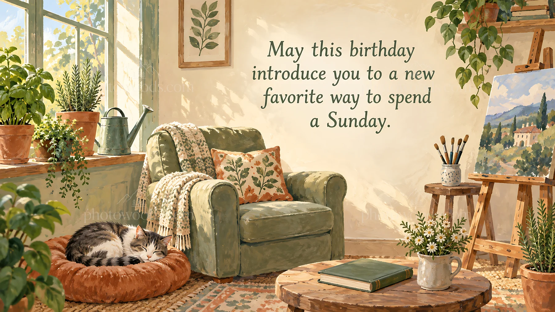 Cozy Sunday Birthday Greeting with a Sleeping Cat - AI-generated stock image
