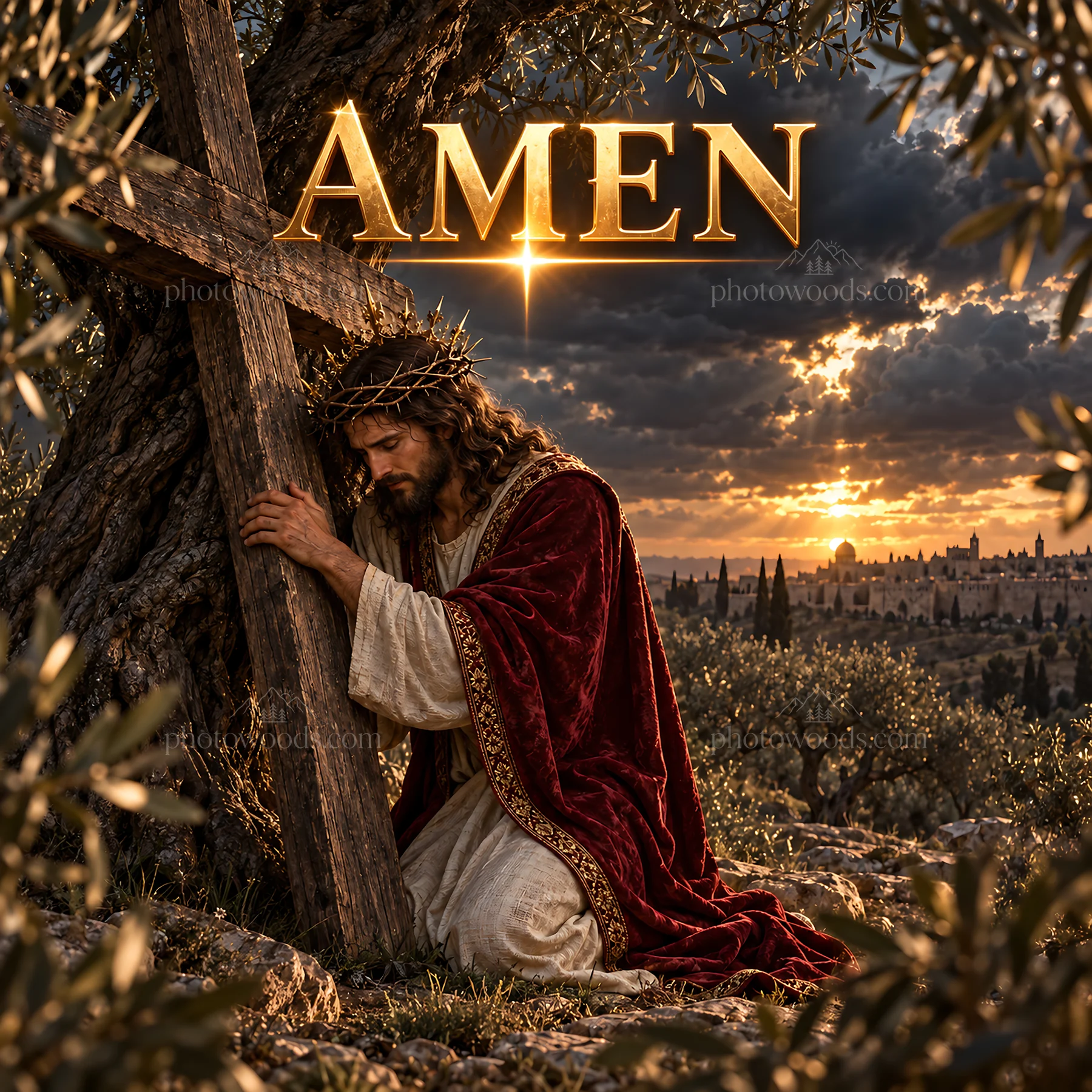 Jesus Christ praying in the garden with a cross at sunset - AI-generated stock image