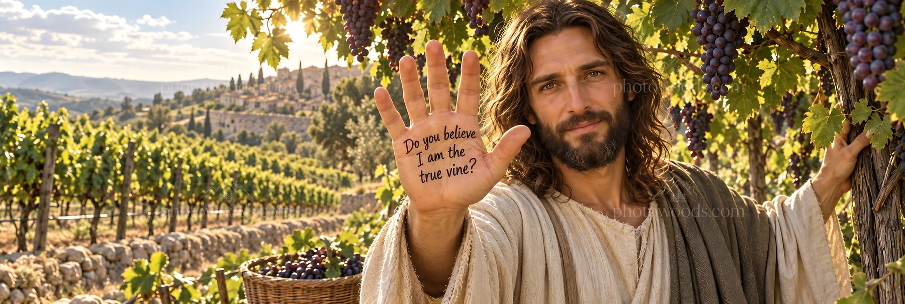 Jesus Christ showing true vine message in vineyard setting - AI-generated stock image
