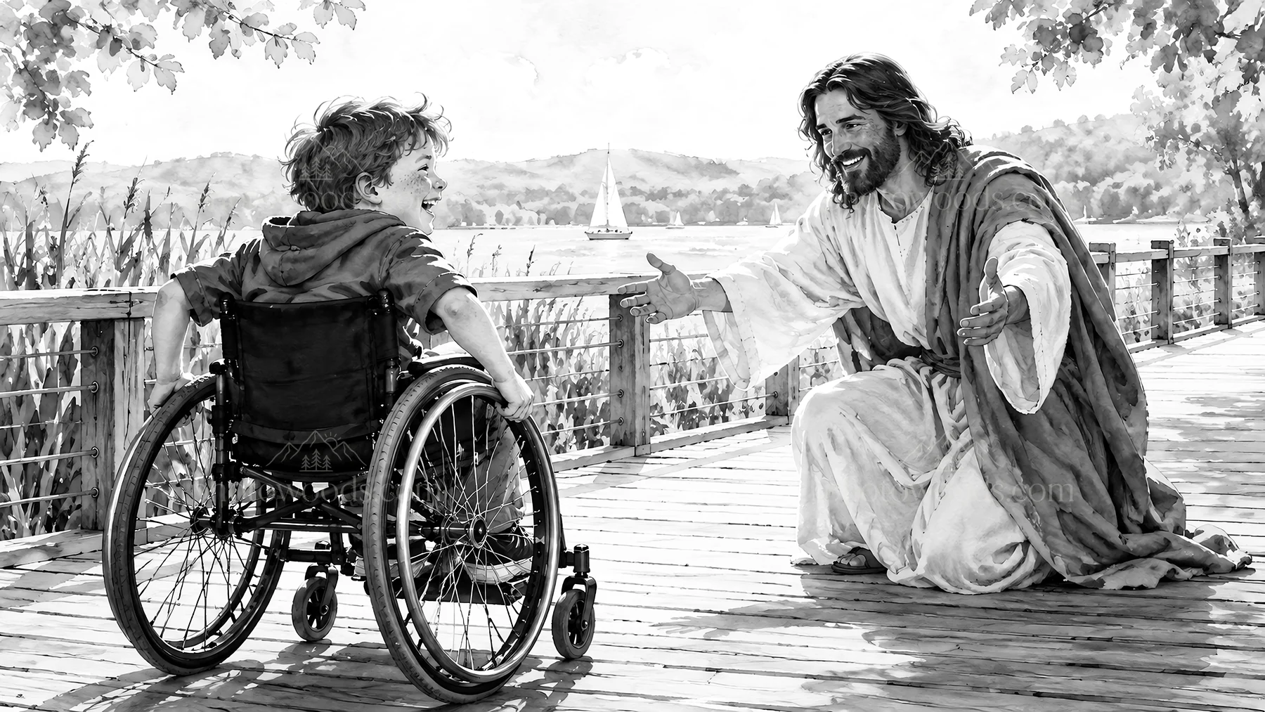 Jesus Christ welcoming a boy in a wheelchair - AI-generated stock image