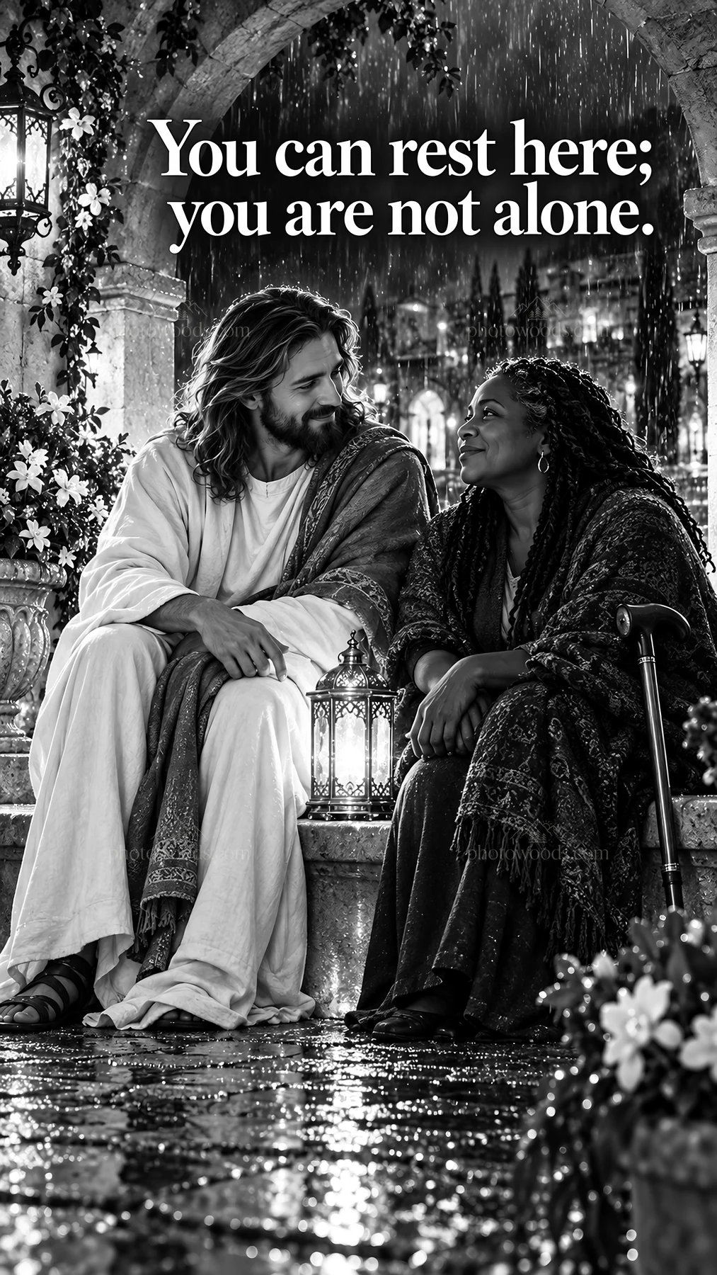 Jesus Christ comforts a woman in a rainy setting - AI-generated stock image