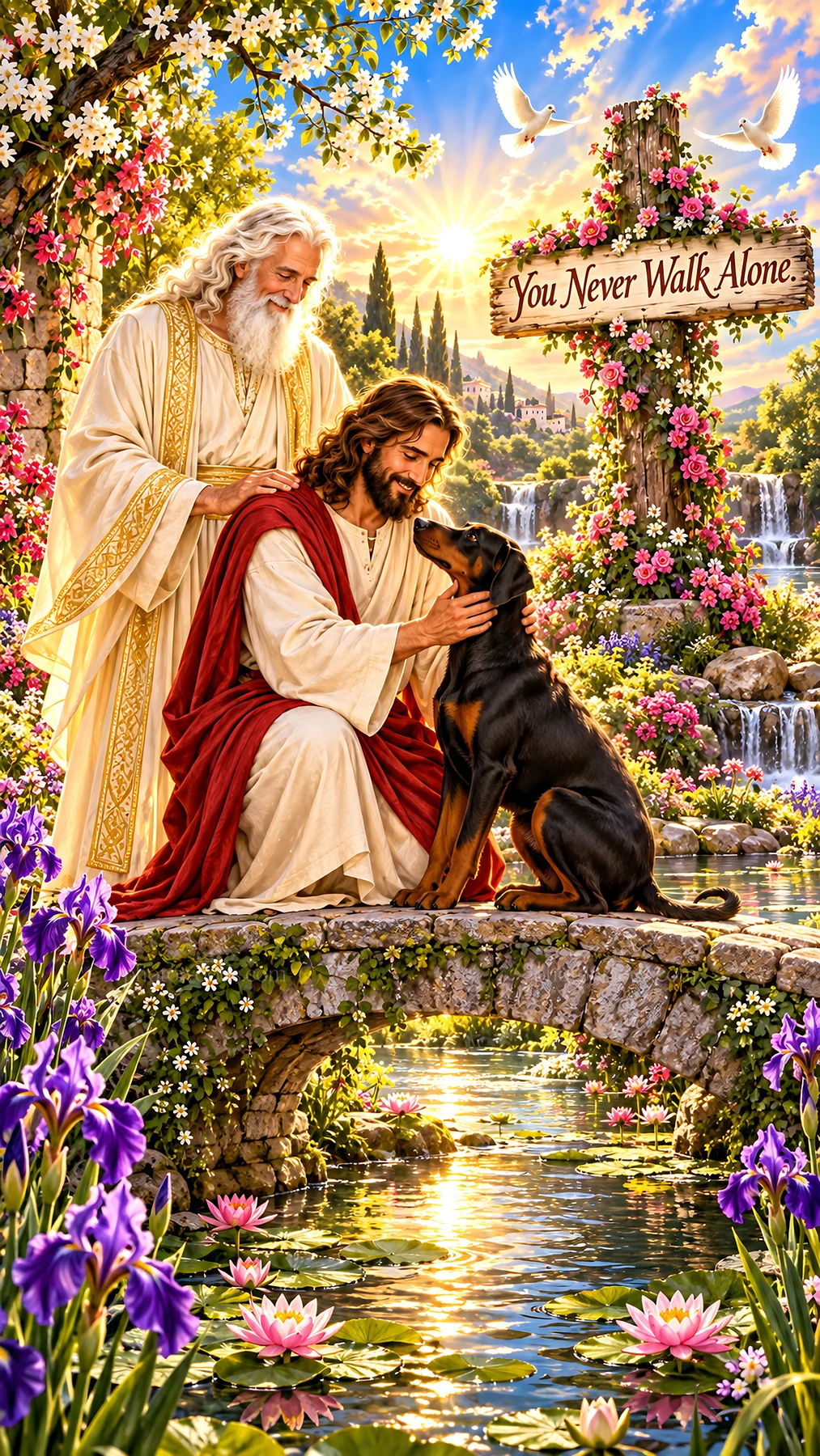 Jesus Christ comforting a dog by a flowing stream - AI-generated stock image