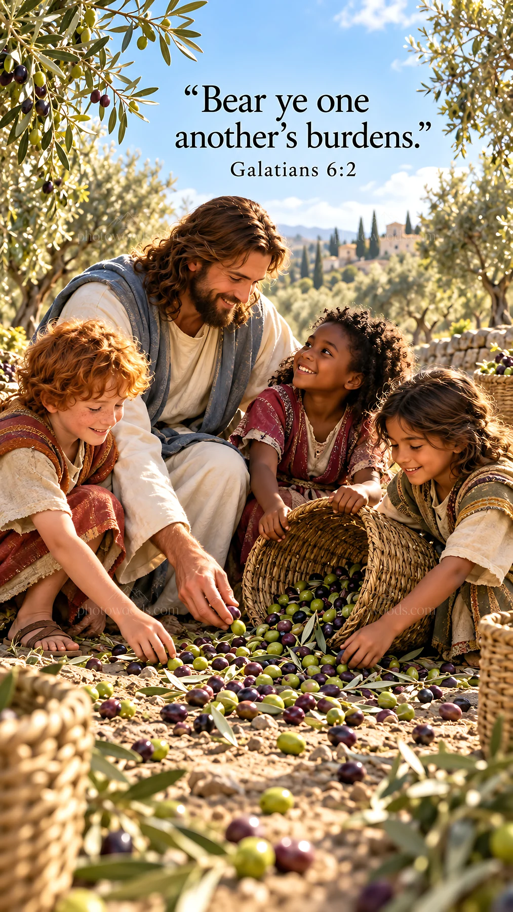 Jesus Christ sharing olives with children in a garden - AI-generated stock image