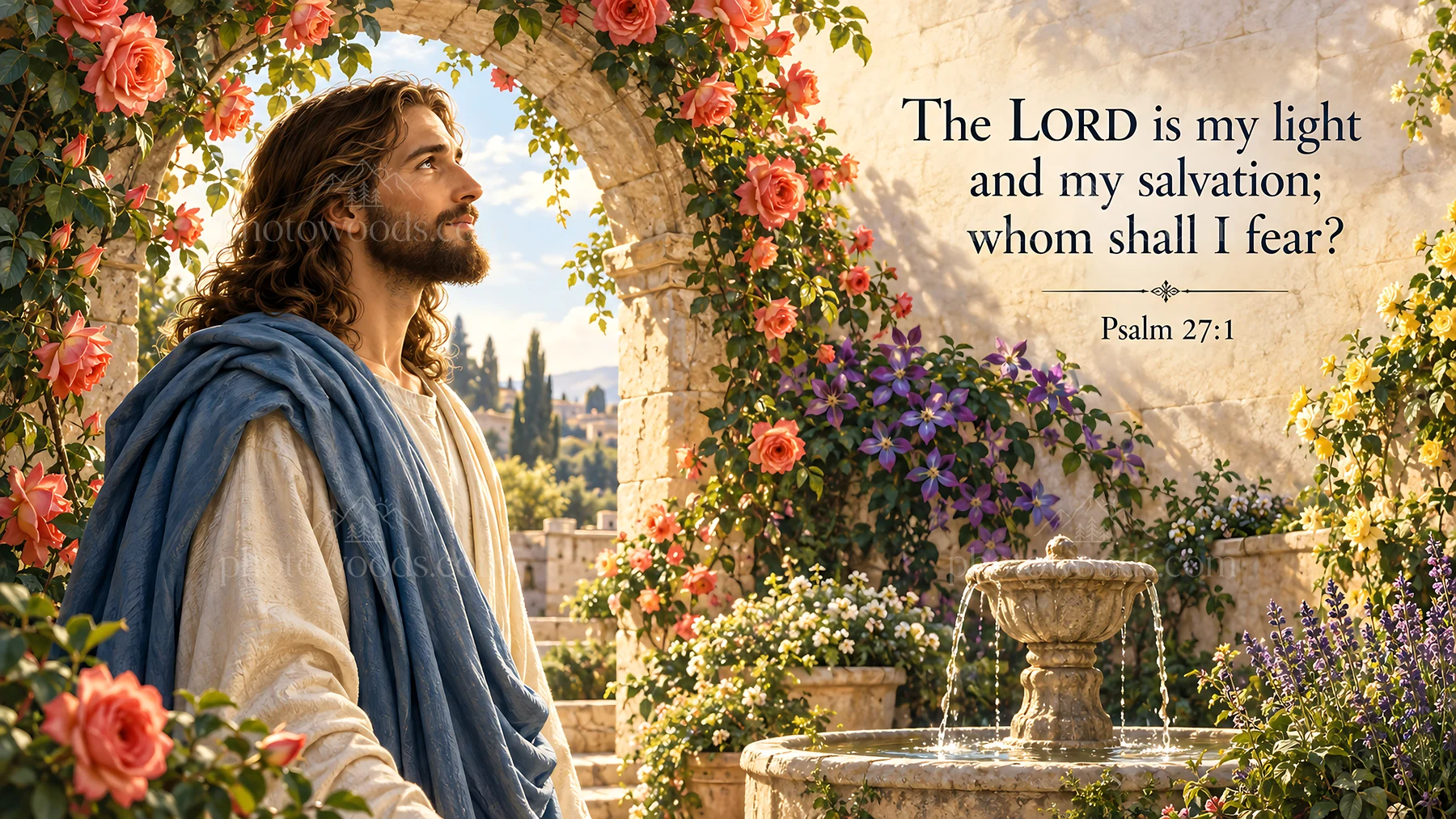 Jesus Christ standing near a fountain with a scripture quote - AI-generated stock image
