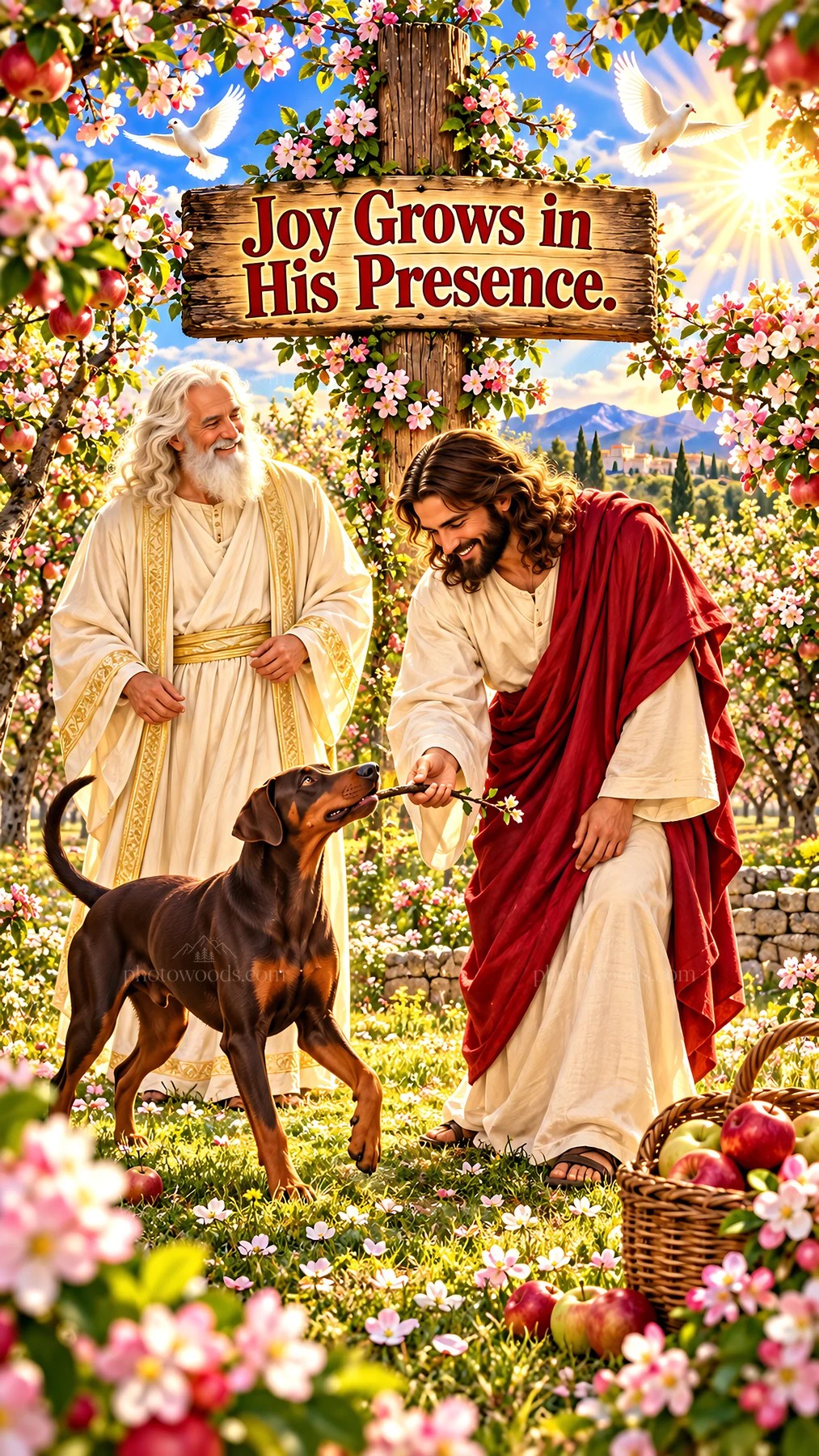 Jesus Christ interacts with a dog in a blossoming garden - AI-generated stock image
