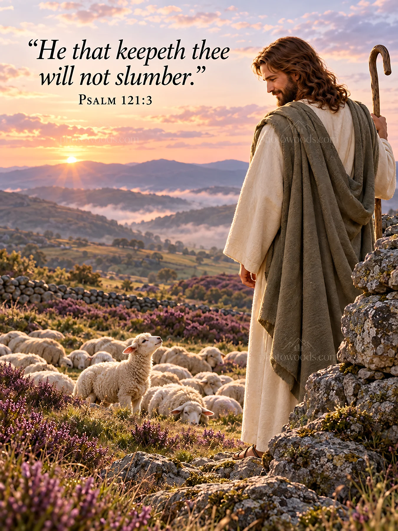 Jesus Christ caring for sheep in a pastoral landscape - AI-generated stock image