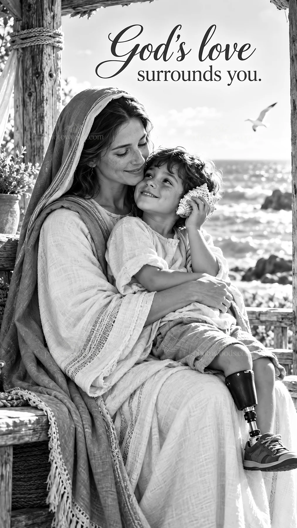 Jesus Christ shares love with a child by the sea - AI-generated stock image