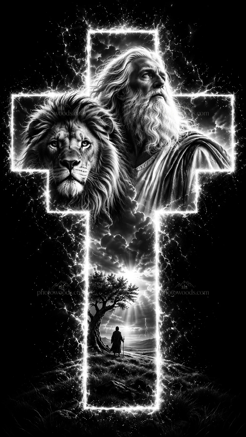 Jesus Christ with lion and divine figure in a cross design - AI-generated stock image