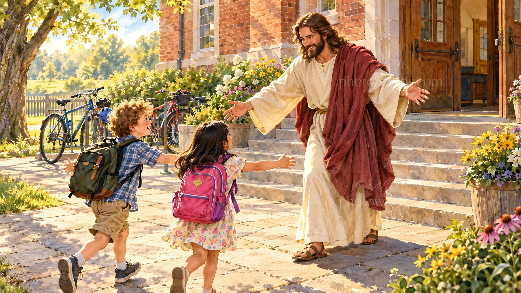 Jesus Christ welcoming children in a joyful encounter - AI-generated stock image