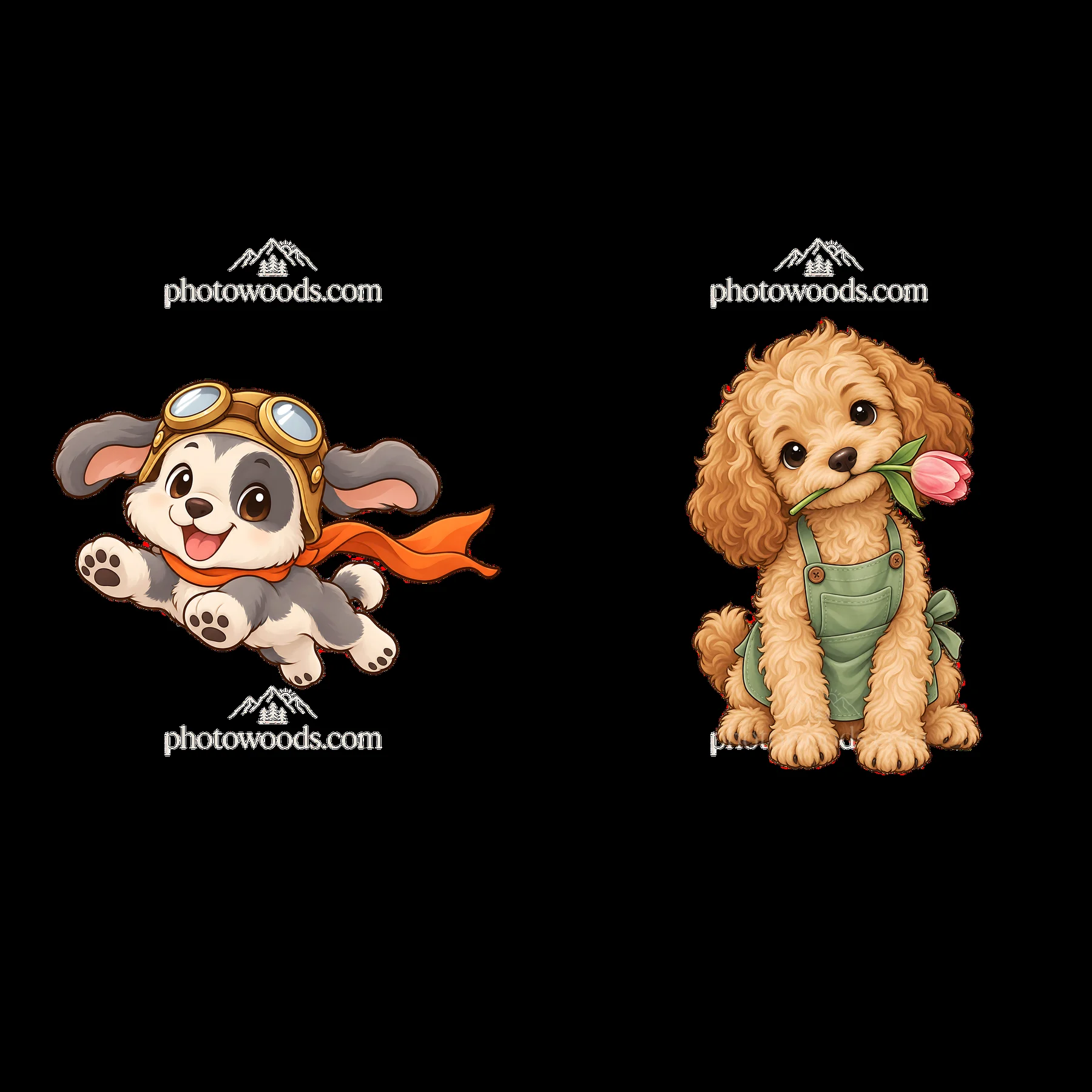 Cute cartoon dogs with accessories and fun expressions - AI-generated stock image
