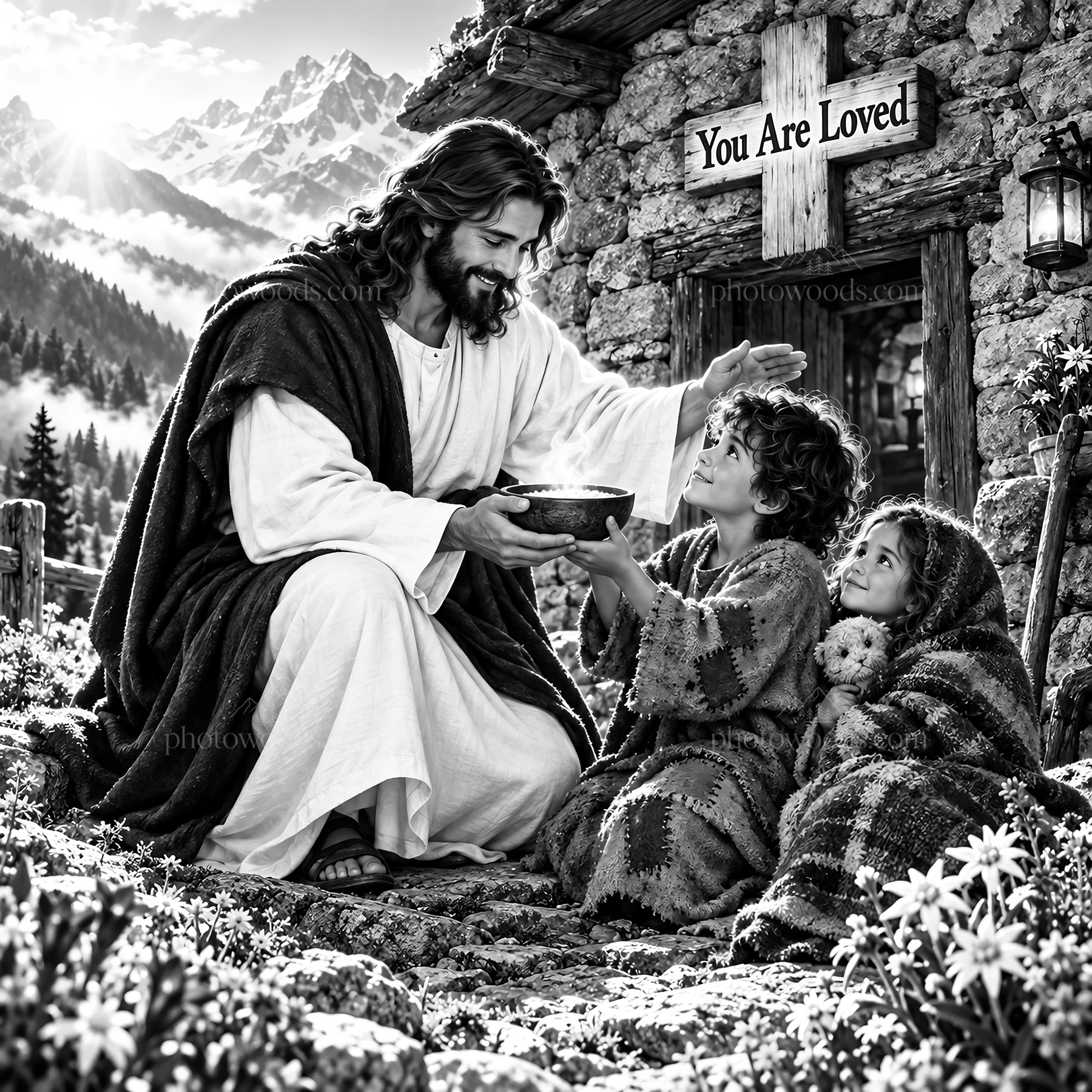 Jesus Christ comforting children in a mountain village - AI-generated stock image
