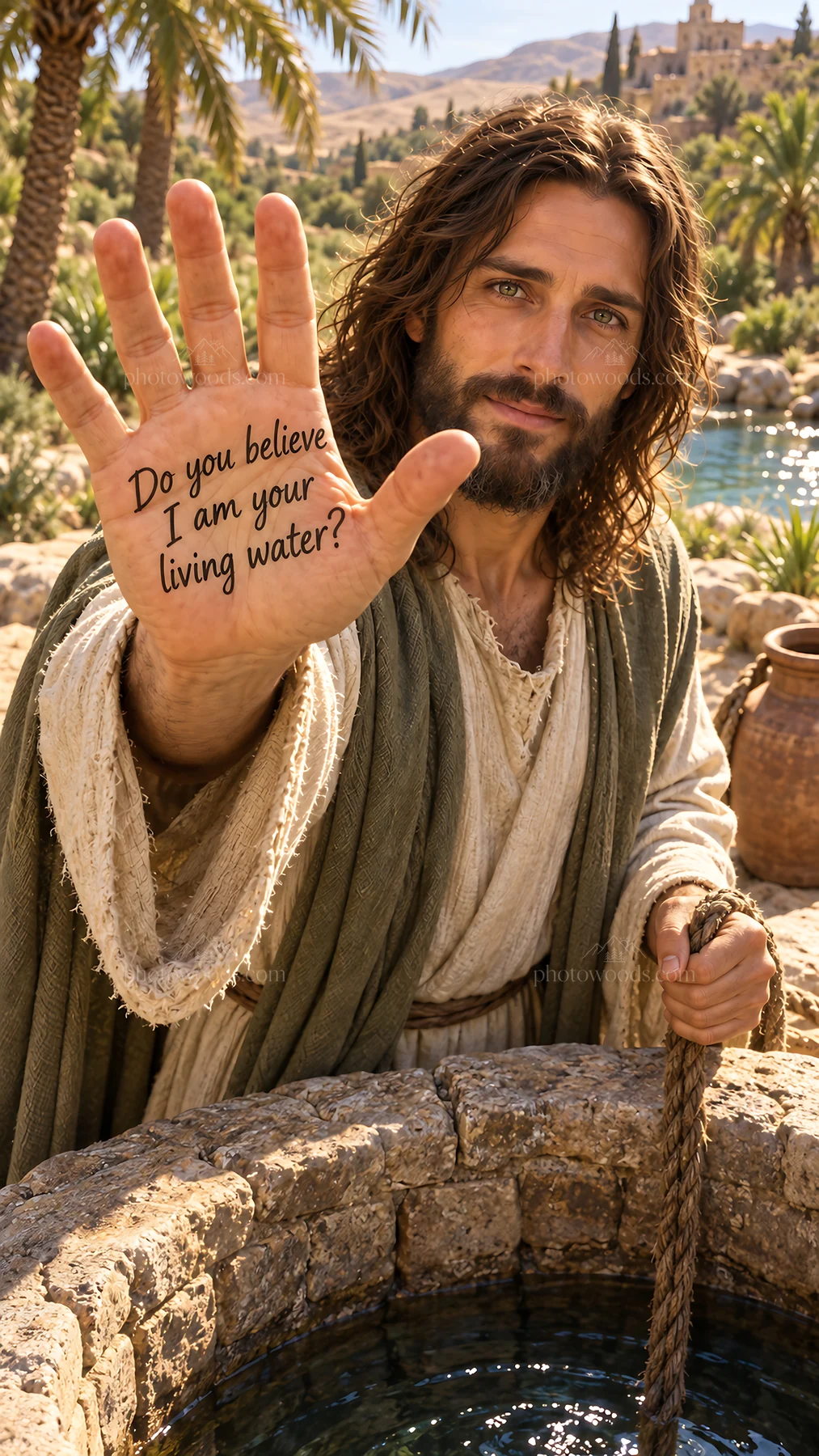 Jesus Christ inviting with the living water at a well - AI-generated stock image