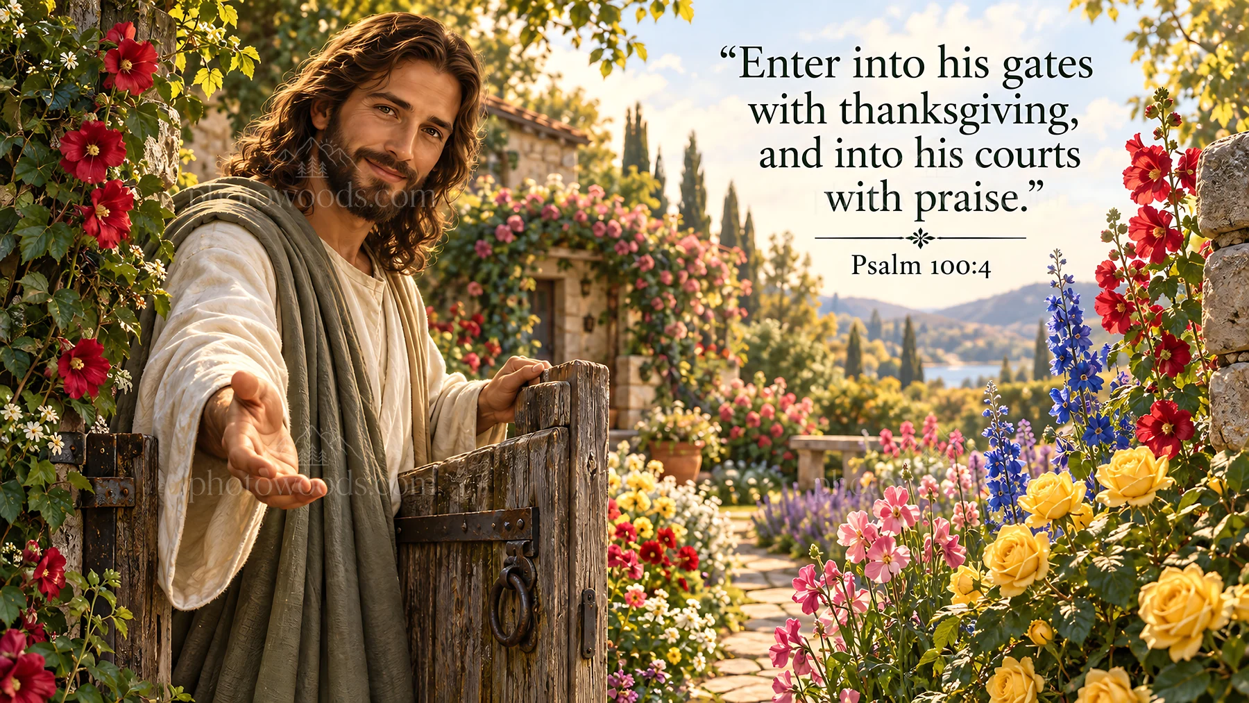 Jesus Christ welcoming in a flower garden - AI-generated stock image