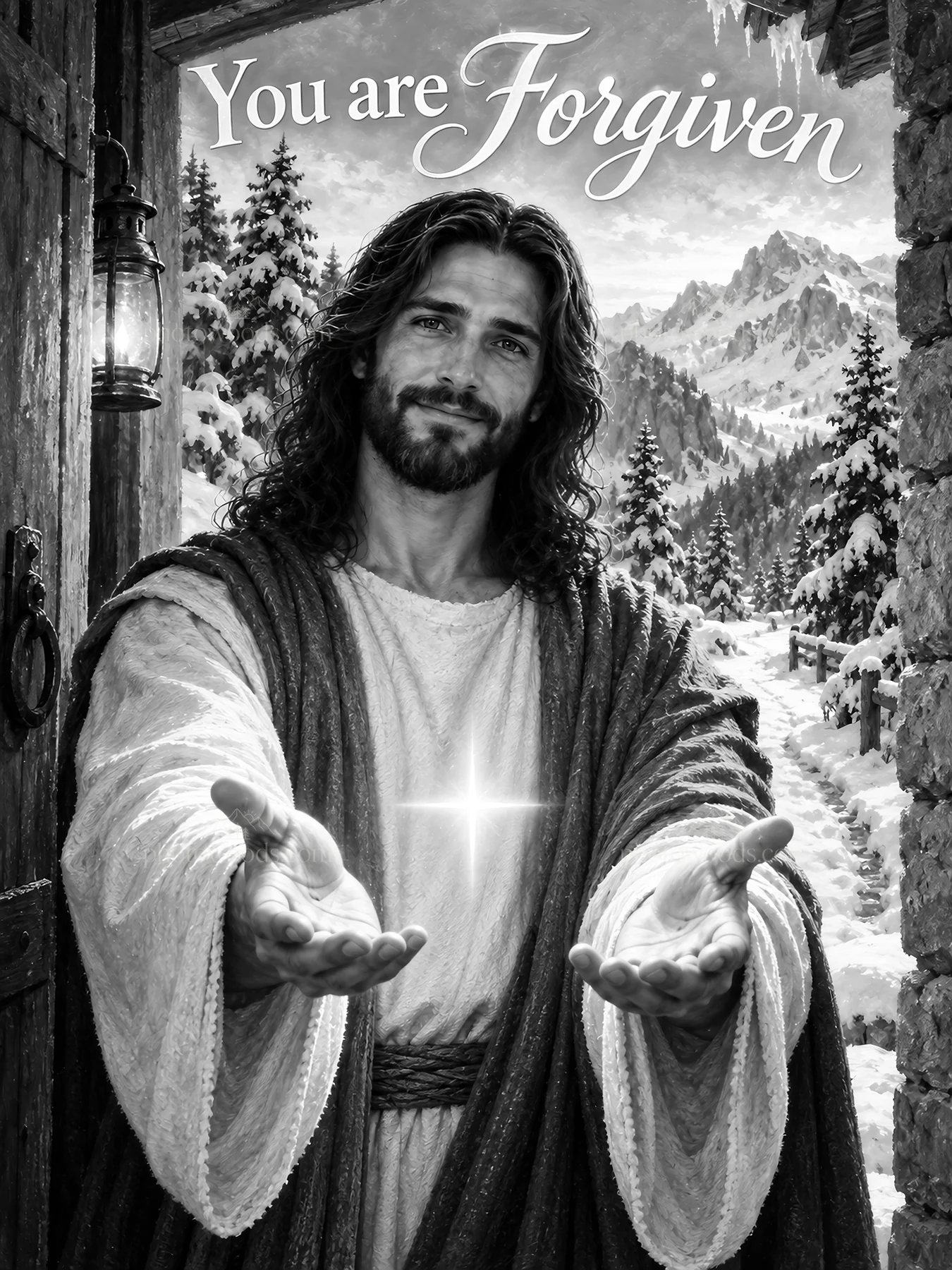 Jesus Christ offers forgiveness with open hands - AI-generated stock image