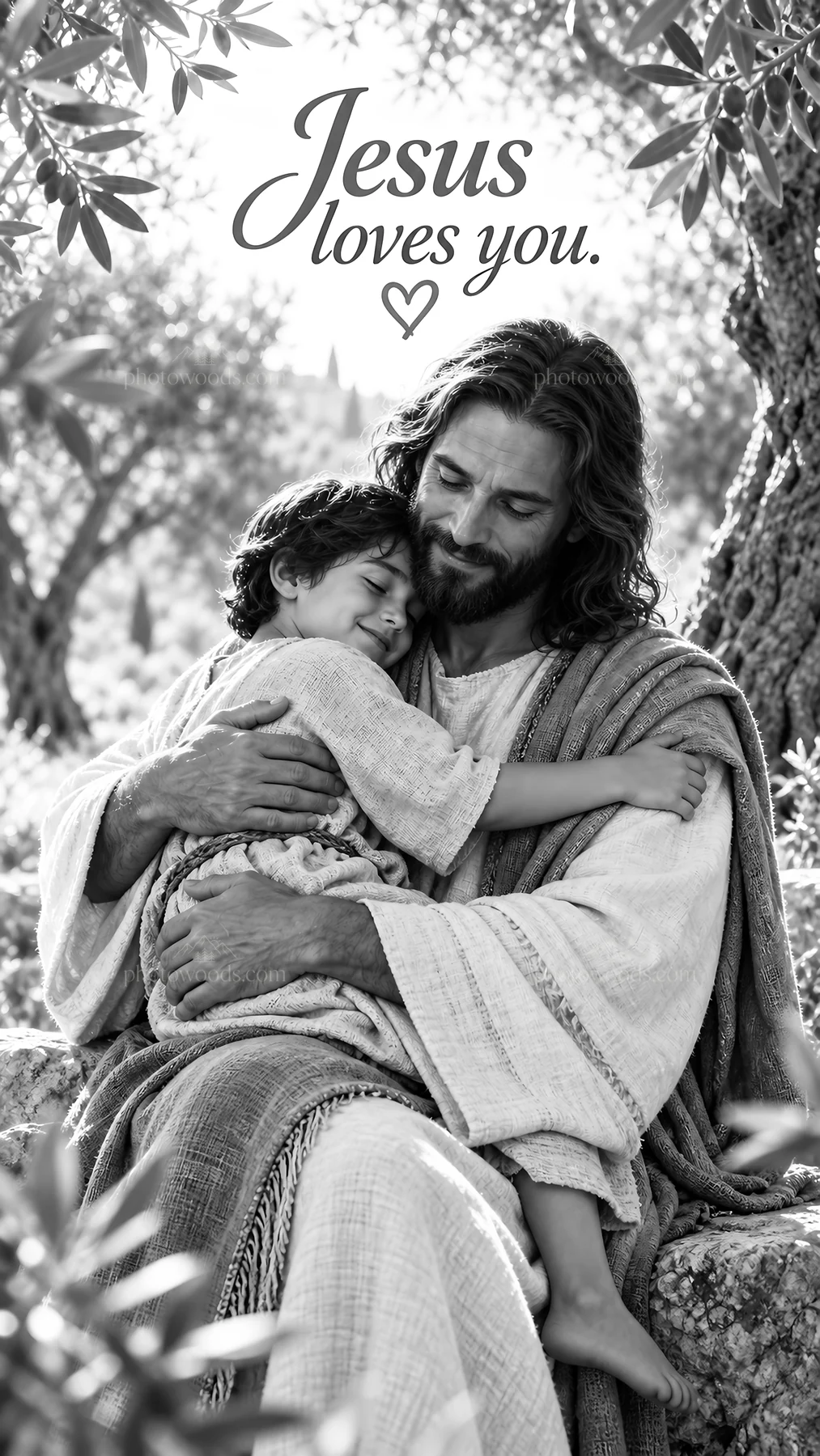 Jesus Christ comforts a child in a garden - AI-generated stock image