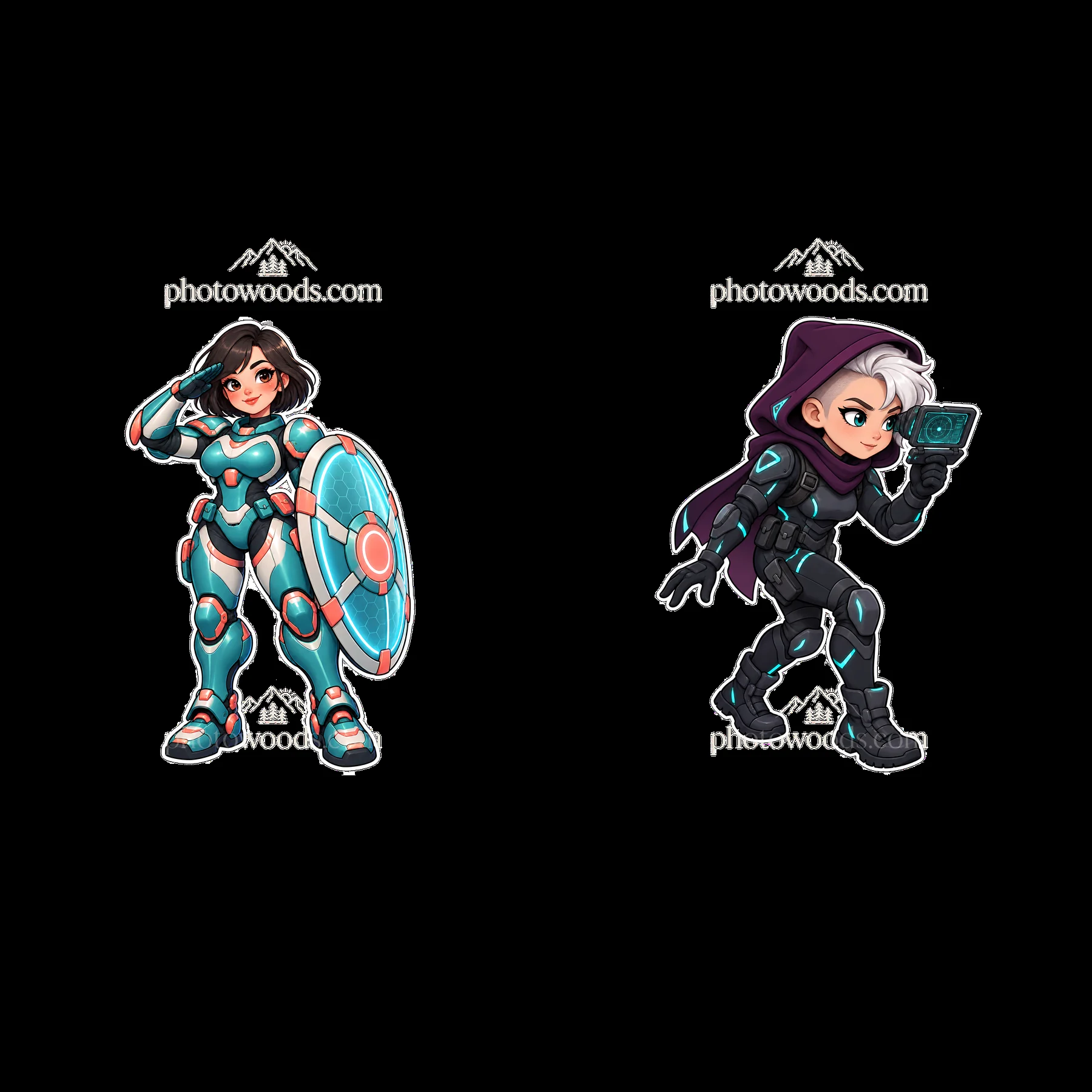 Kawaii futuristic super-soldier characters in action poses - AI-generated stock image