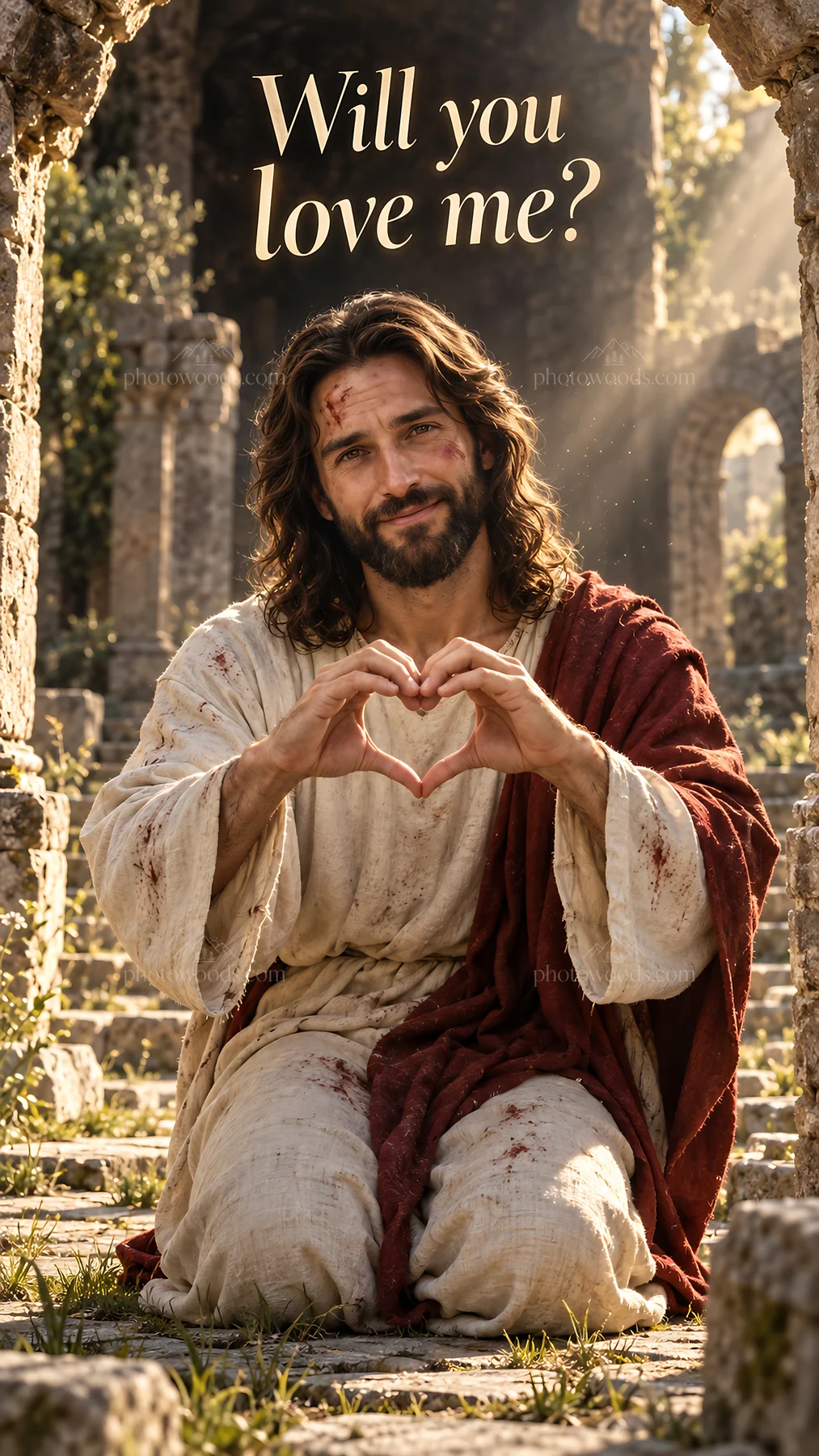 Jesus Christ showing love in a welcoming garden setting - AI-generated stock image