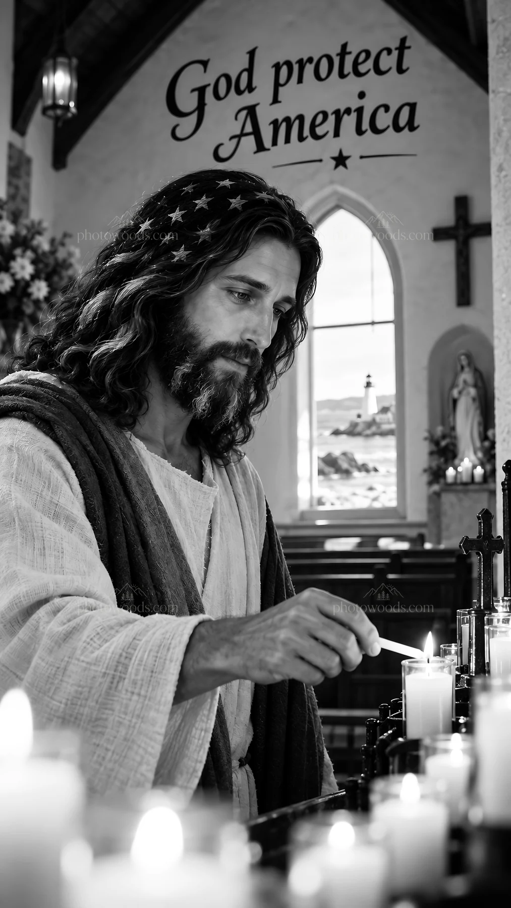 Jesus Christ lighting a candle in a church - AI-generated stock image