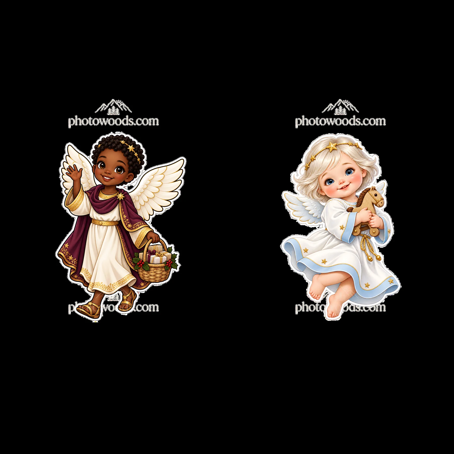 Christ Child Christmas figures holding gifts with baskets - AI-generated stock image