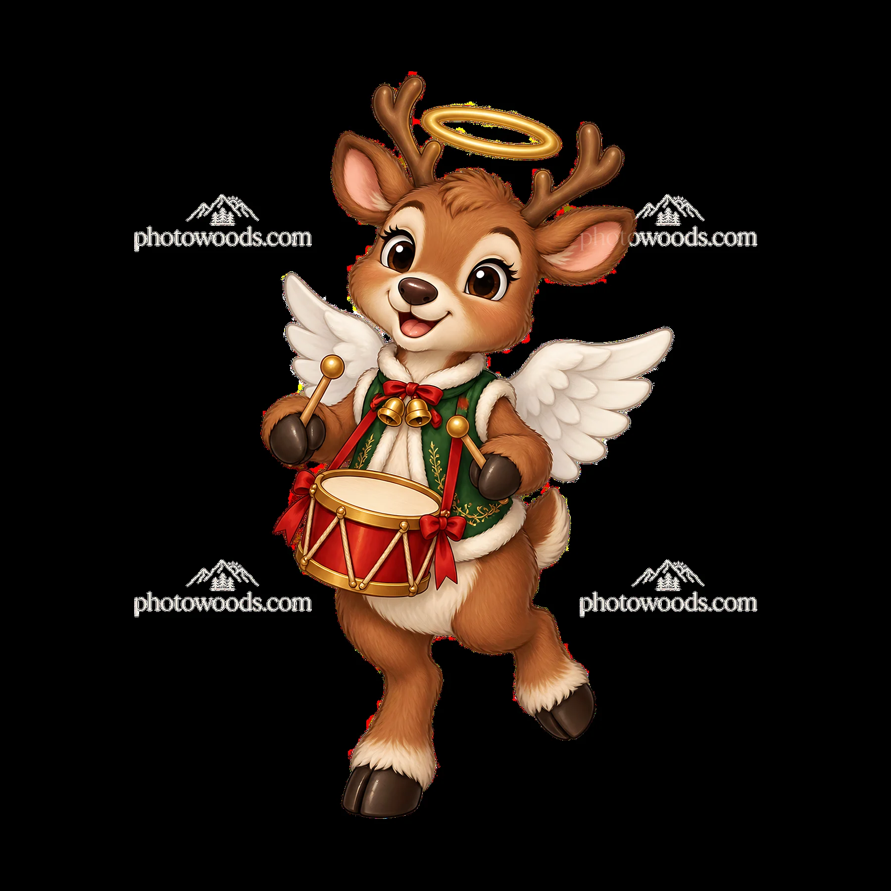 Christmas angel reindeer playing a drum with wings and halo - AI-generated stock image