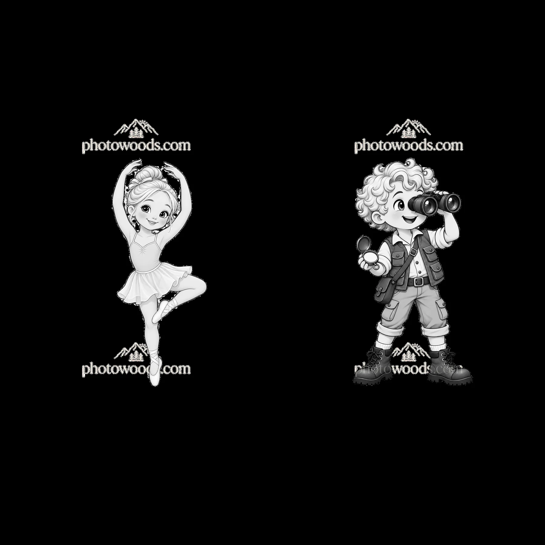 Blond child ballet dancer and explorer with binoculars sticker pair - AI-generated stock image
