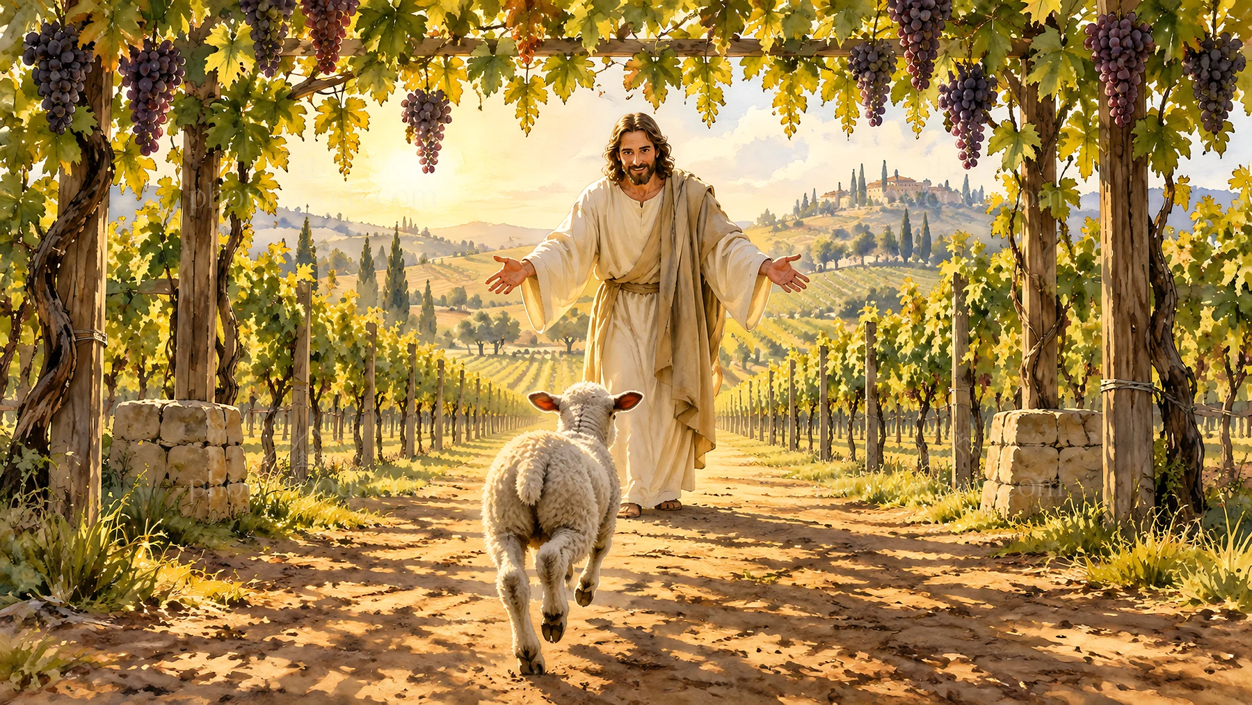 Jesus Christ welcoming a sheep in a vineyard - AI-generated stock image