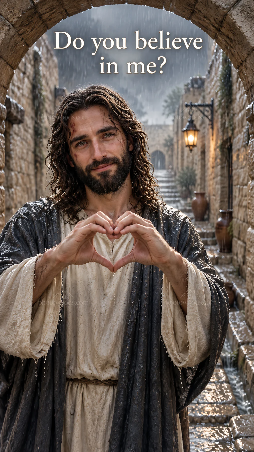 Jesus Christ showing love and asking belief in a rustic setting - AI-generated stock image