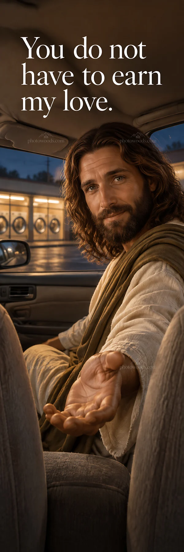 Jesus Christ inviting with open hand in a car - AI-generated stock image