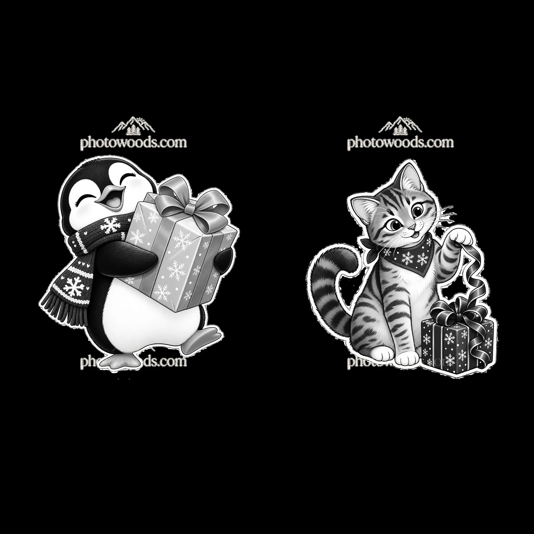 Penguin and cat holding Christmas presents in monochrome style - AI-generated stock image