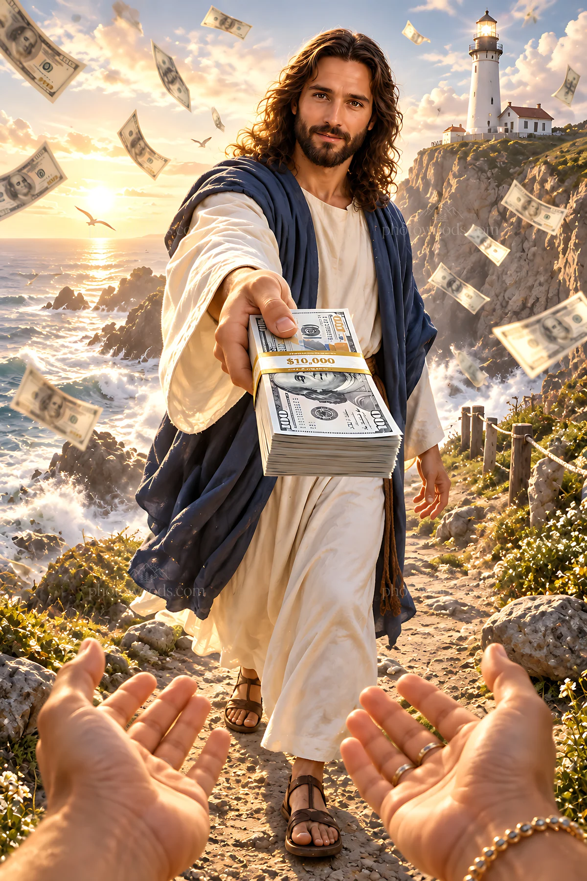 Man in white robe walks along a path at the seaside lighthouse - AI-generated stock image