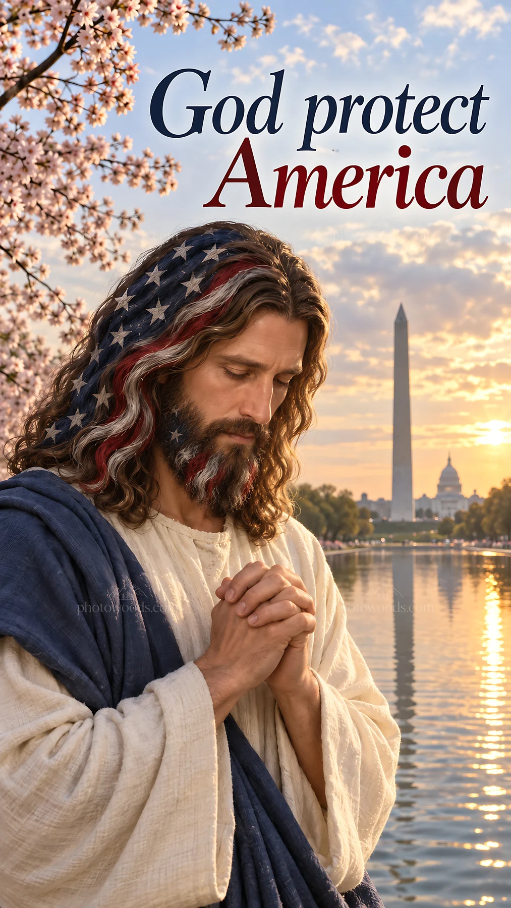 Jesus Christ praying for America by the water - AI-generated stock image