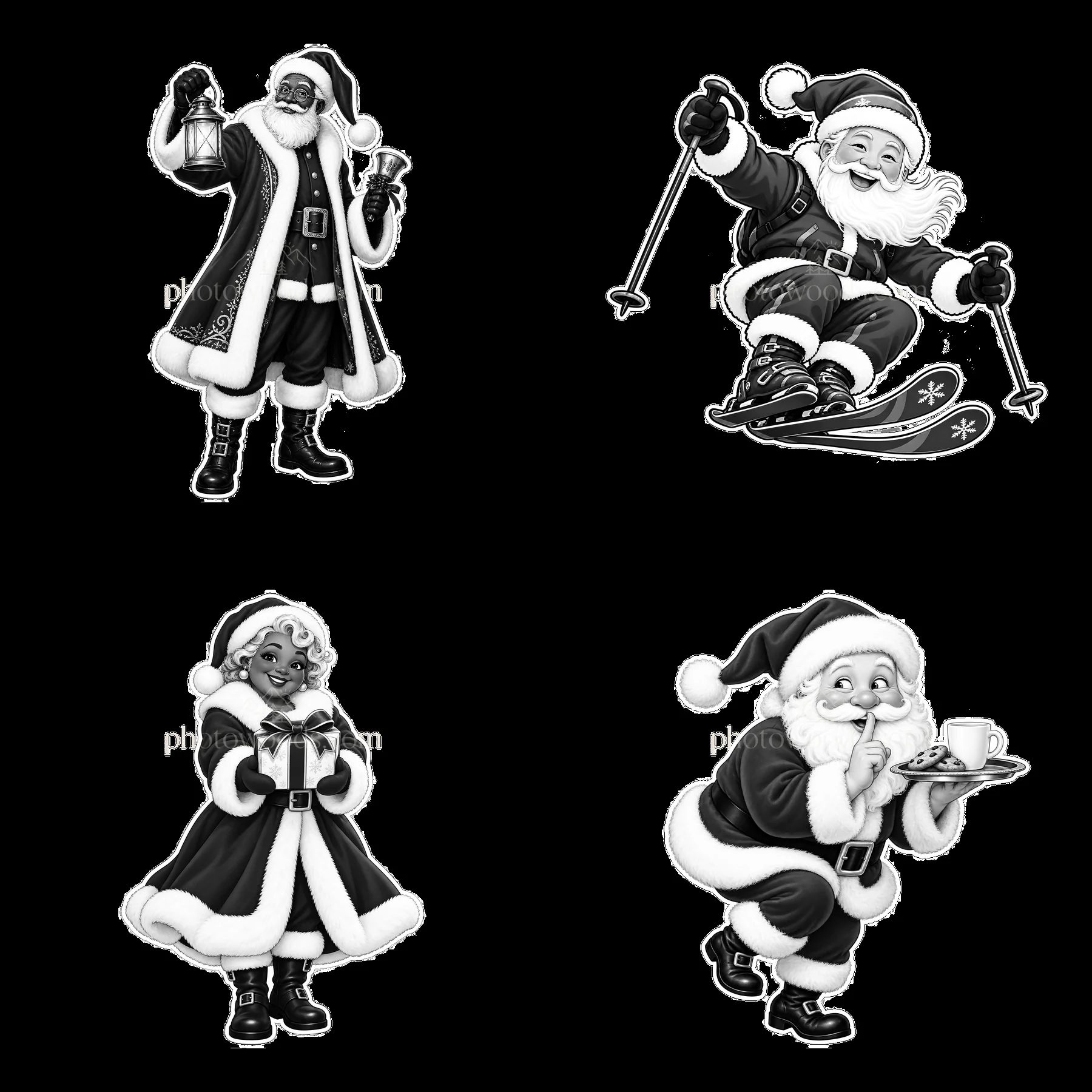 Santa Claus engaging in various activities in black-and-white stickers - AI-generated stock image