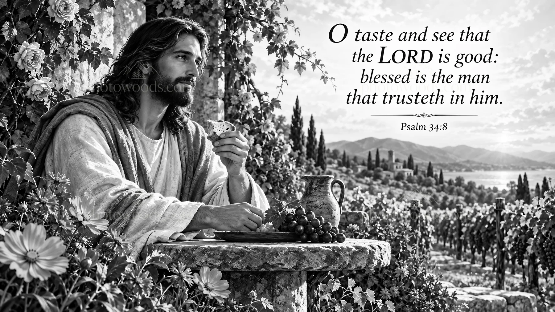 Jesus Christ shares a meal with followers in a garden setting - AI-generated stock image