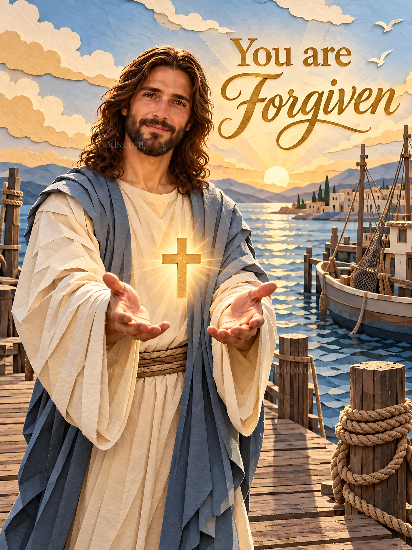 Jesus Christ offering forgiveness with open hands - AI-generated stock image