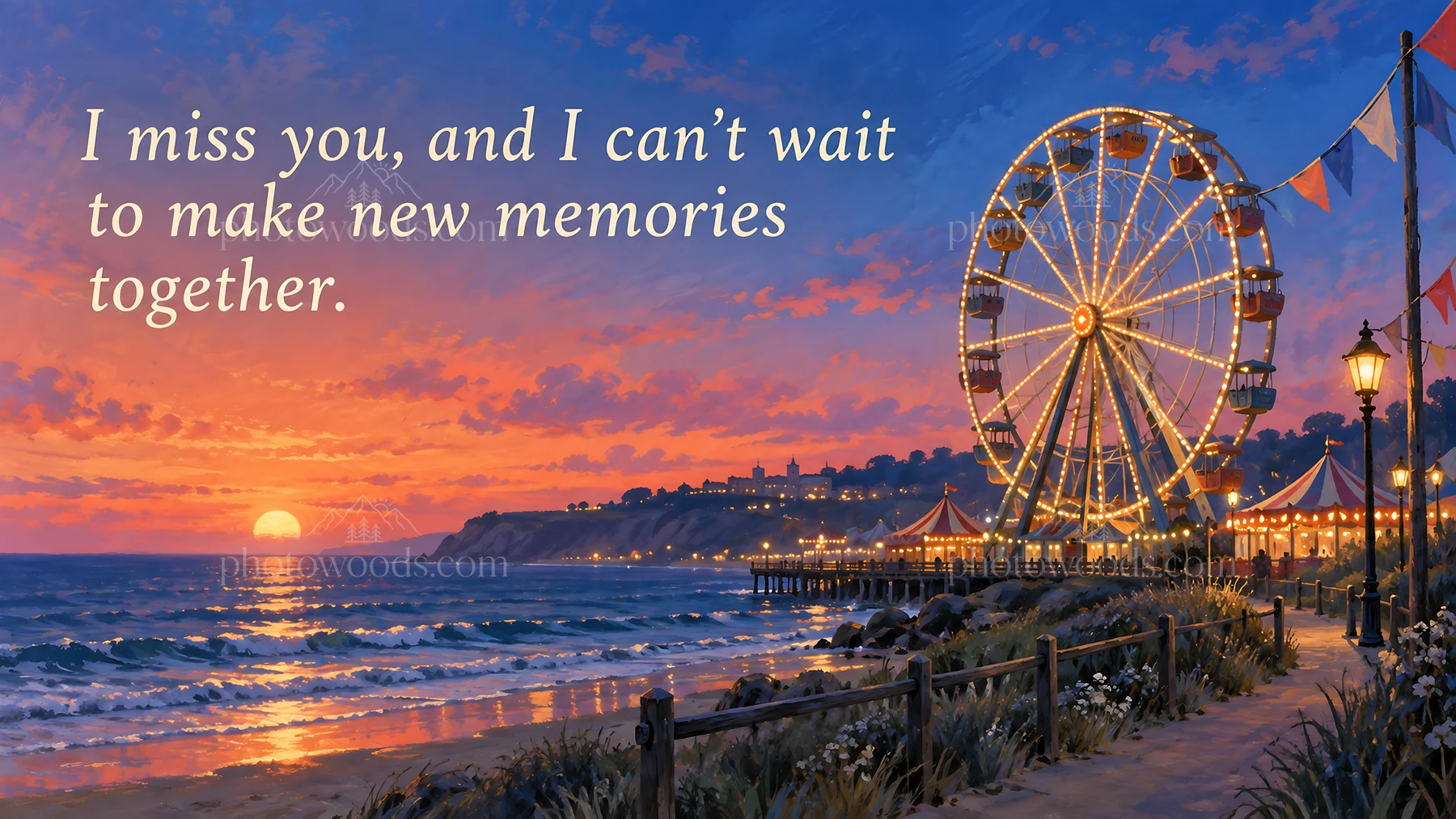 I Miss You at a Sunset Seaside Carnival - AI-generated stock image