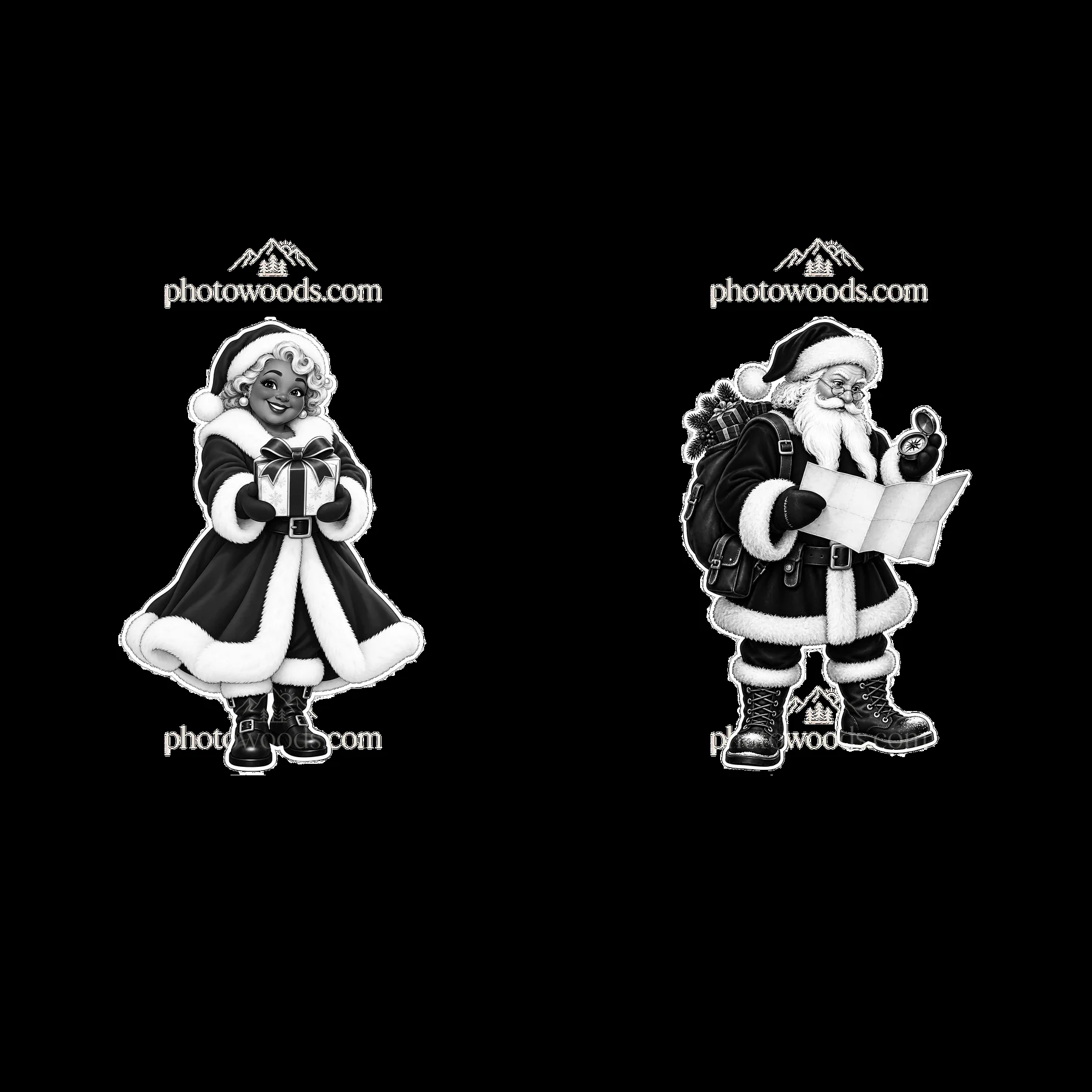 Santa Claus and Mrs. Claus holding gifts and a list - AI-generated stock image