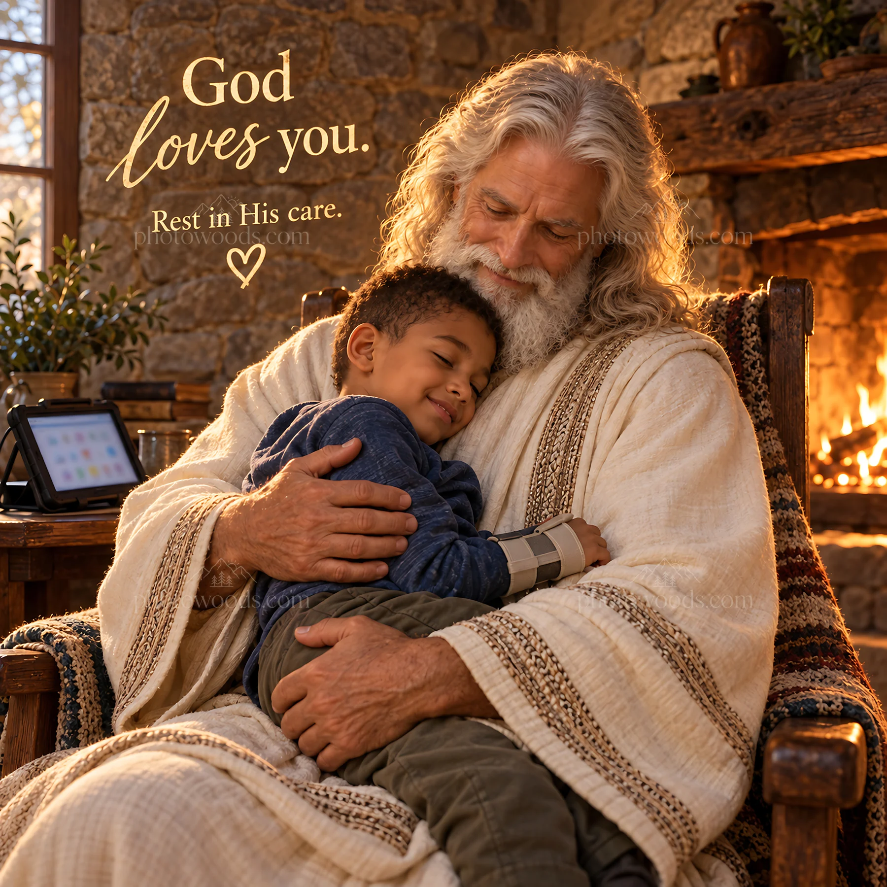 Jesus Christ comforting a child in a warm, inviting setting - AI-generated stock image