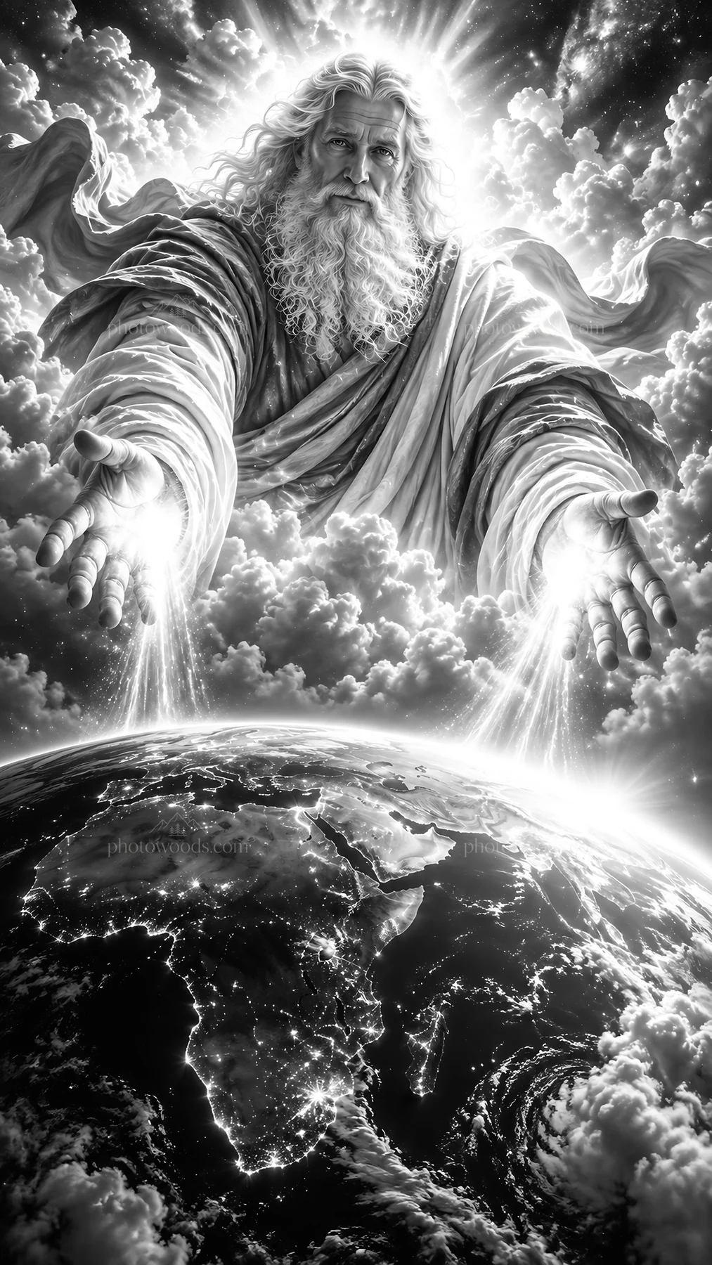 Jesus Christ embracing the world with open arms - AI-generated stock image