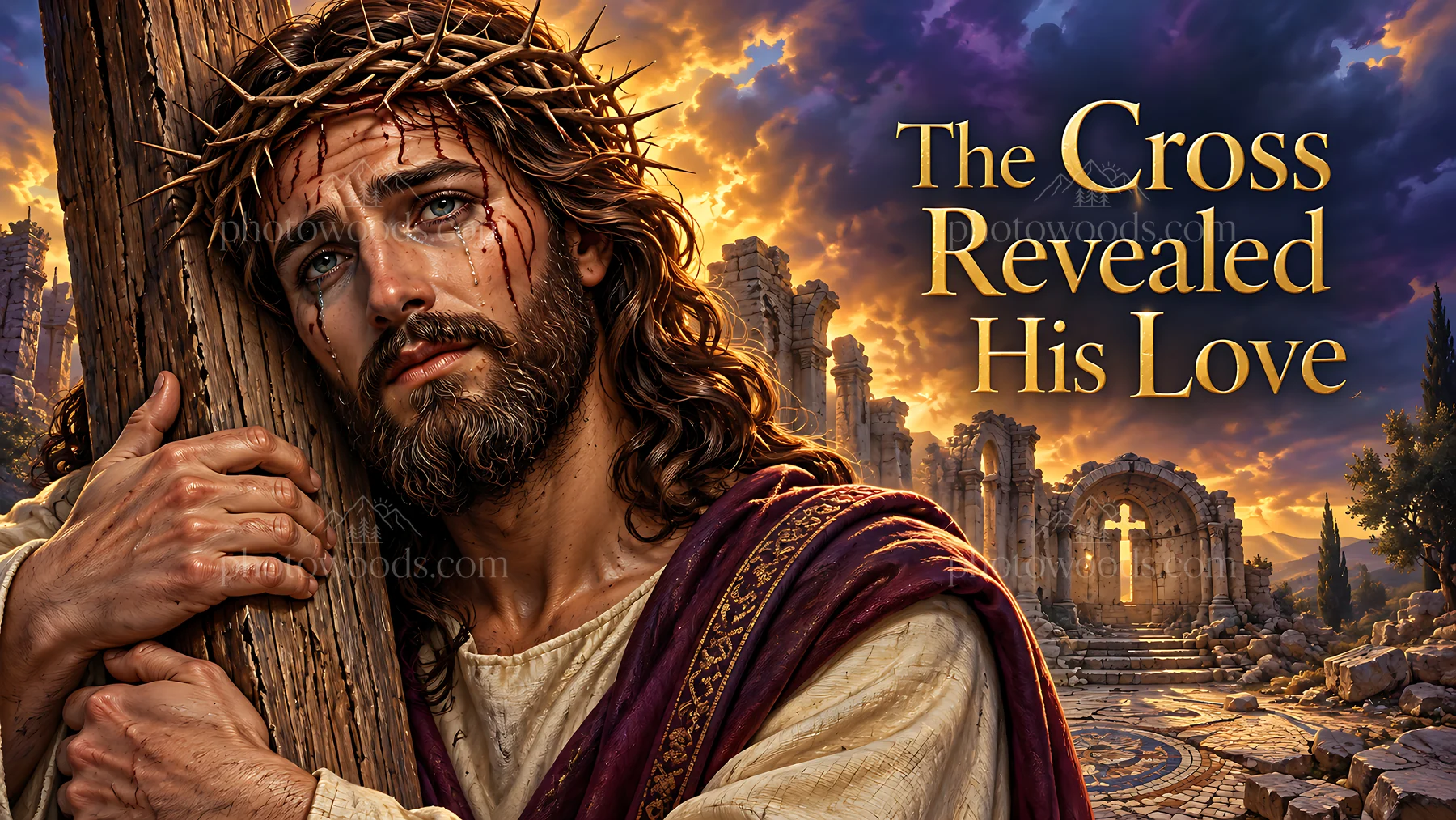 Cross displayed with the figure in a dramatic landscape - AI-generated stock image