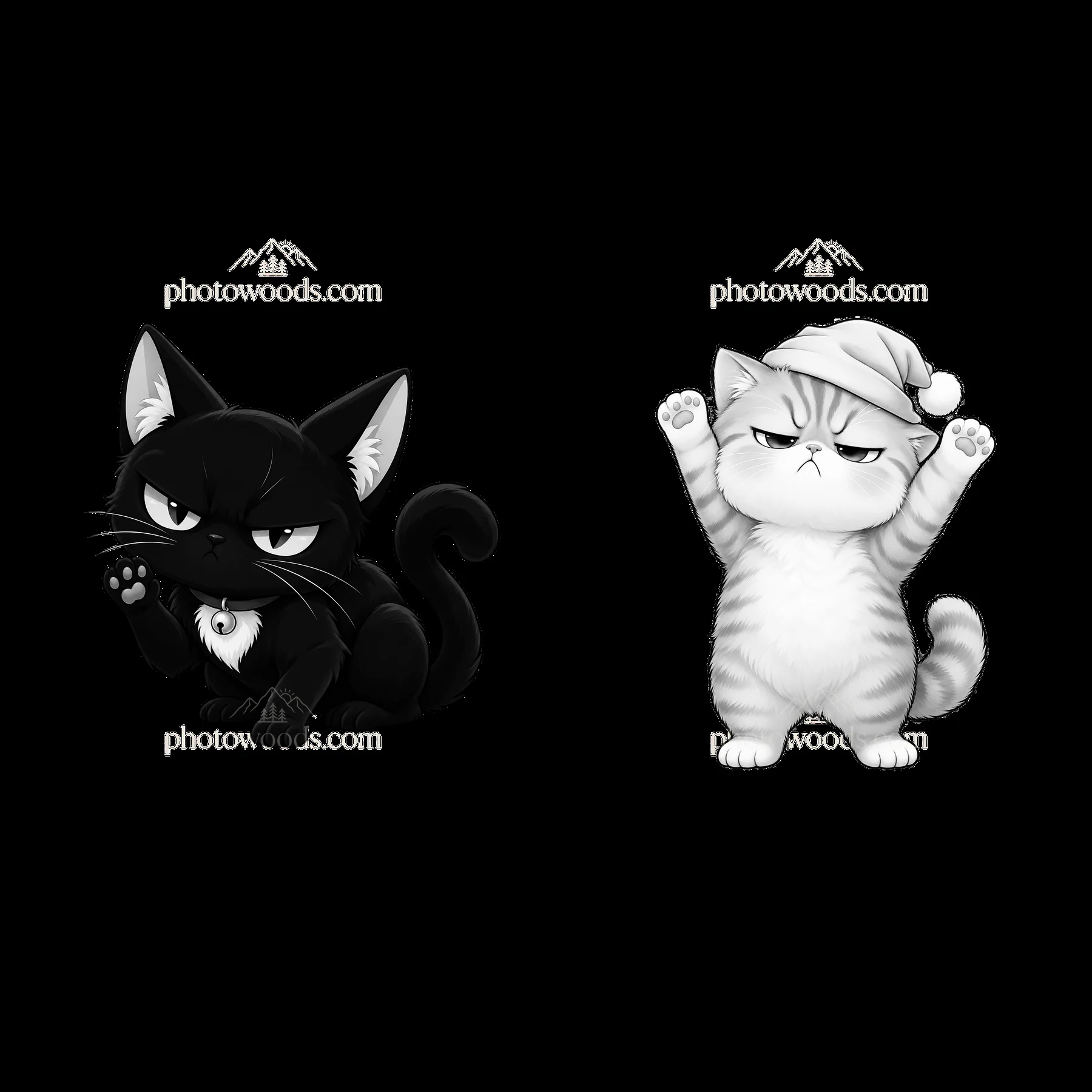 Kawaii grumpy cats in black and white with distinct expressions - AI-generated stock image