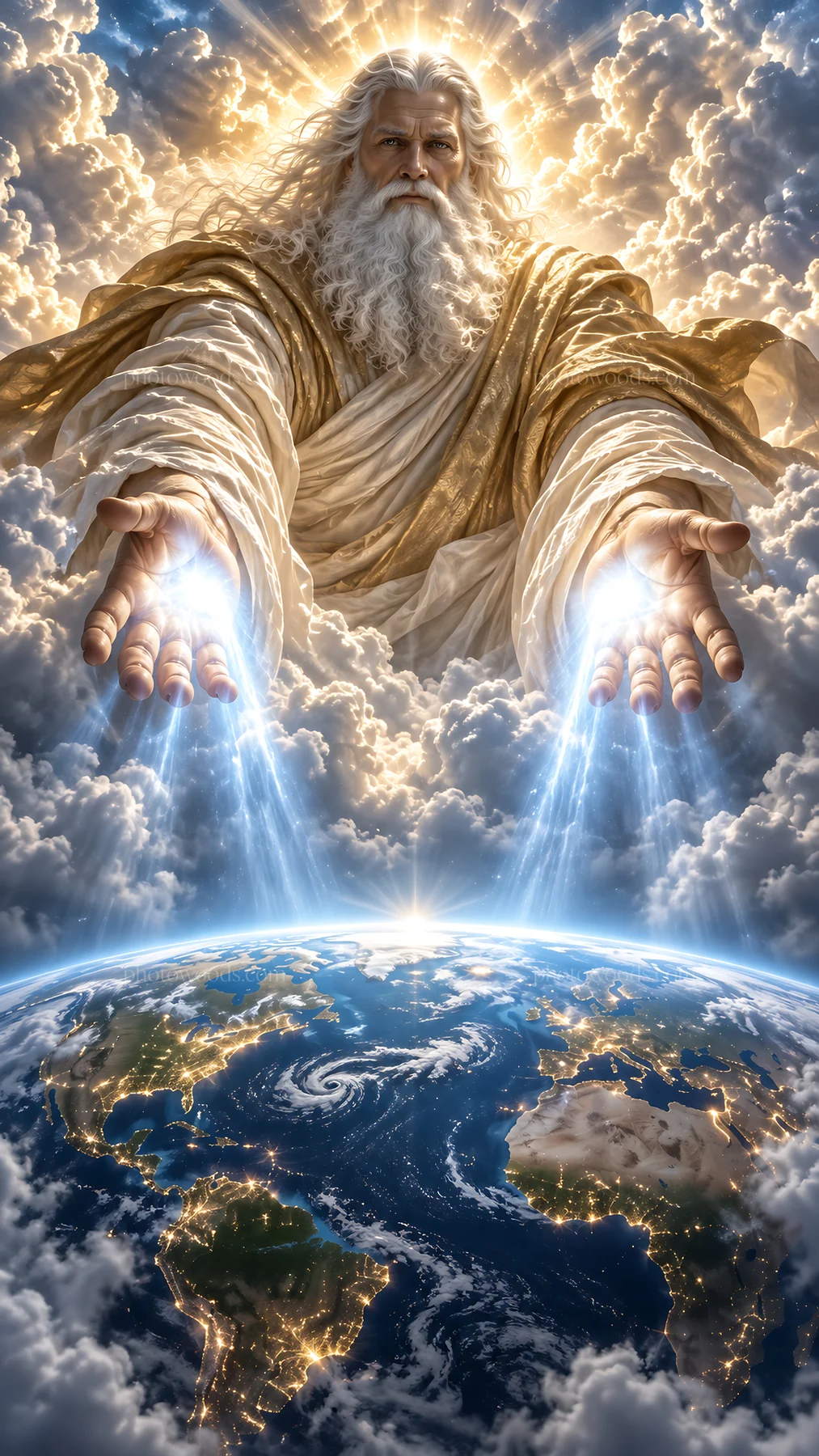 Jesus Christ reaching out to the world with open hands - AI-generated stock image