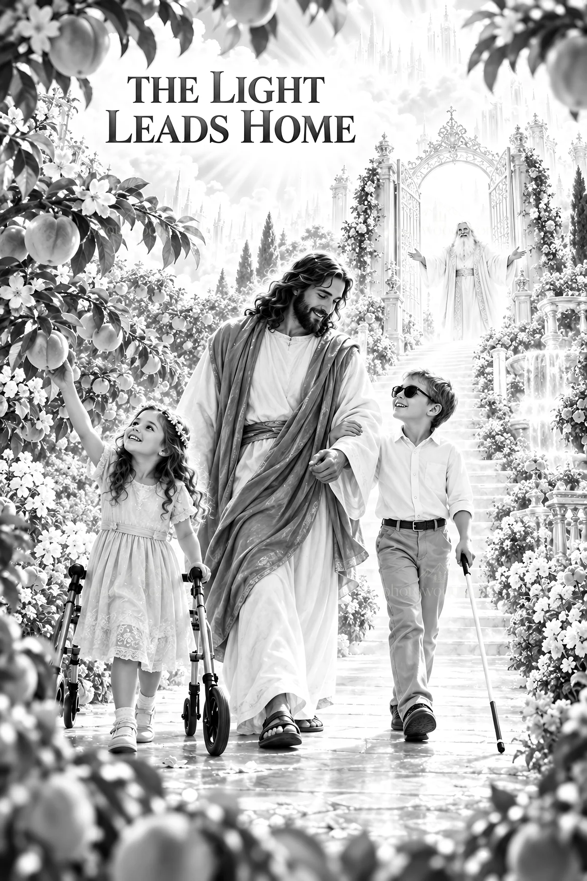 Jesus Christ walking with children in a heavenly garden - AI-generated stock image