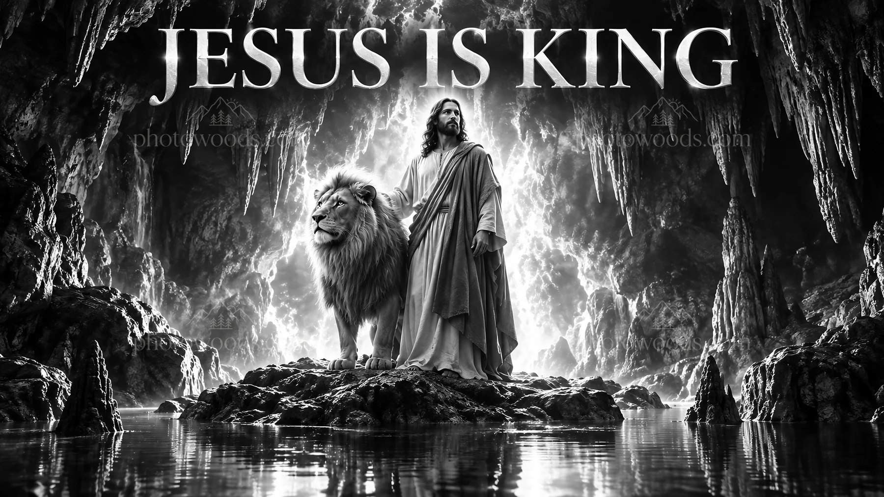 Jesus Christ standing with a lion in a dark cave setting - AI-generated stock image