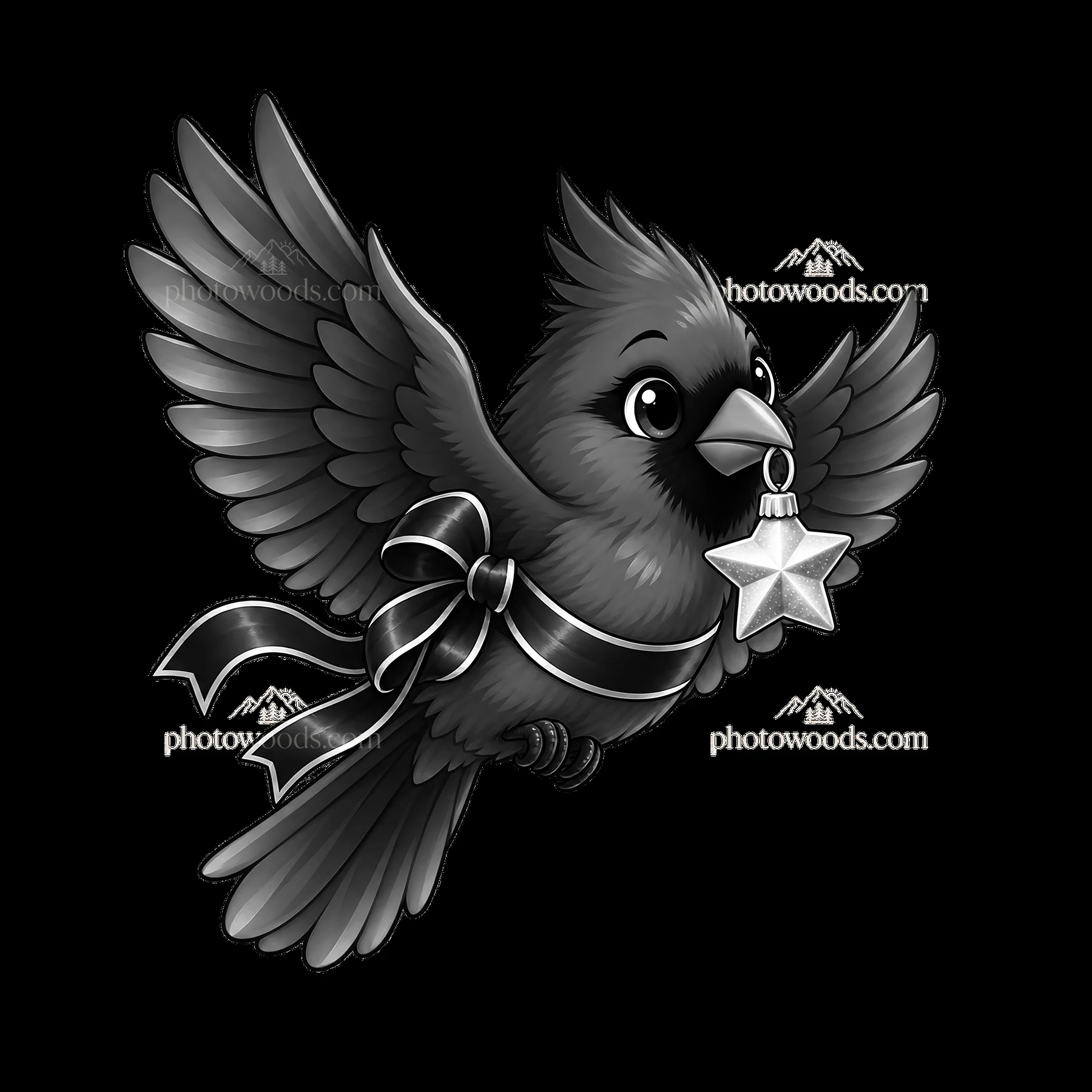 Bird with ribbon holding star ornament in flight - AI-generated stock image