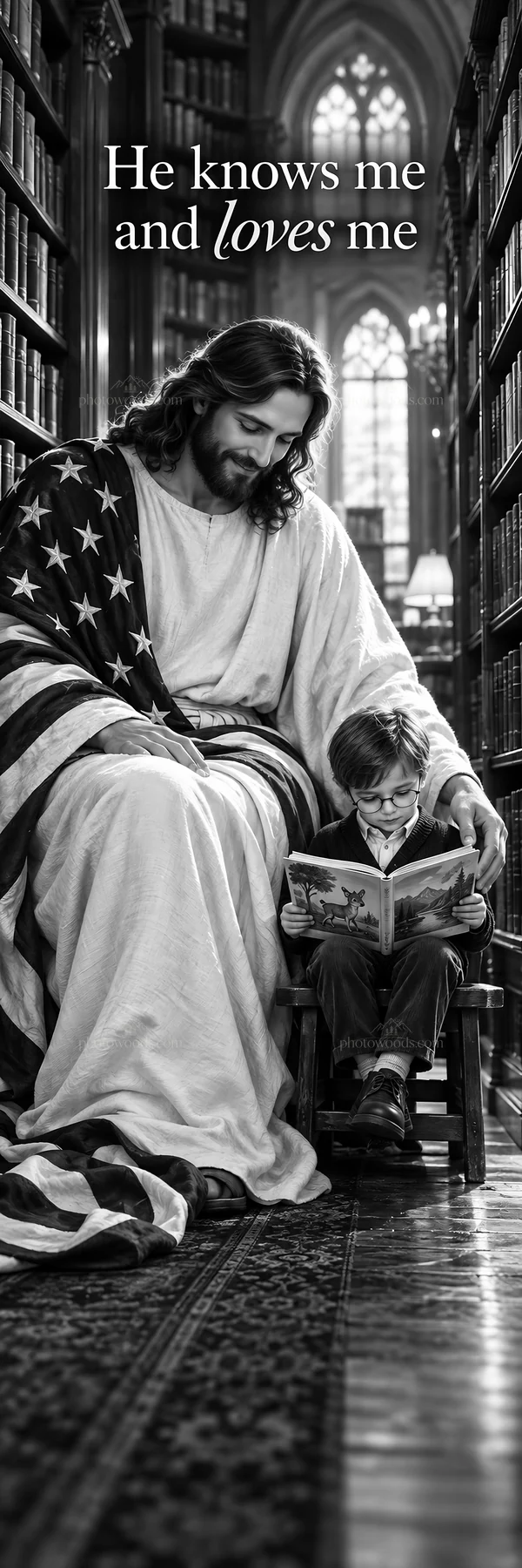 Jesus Christ reading with a child in a library - AI-generated stock image